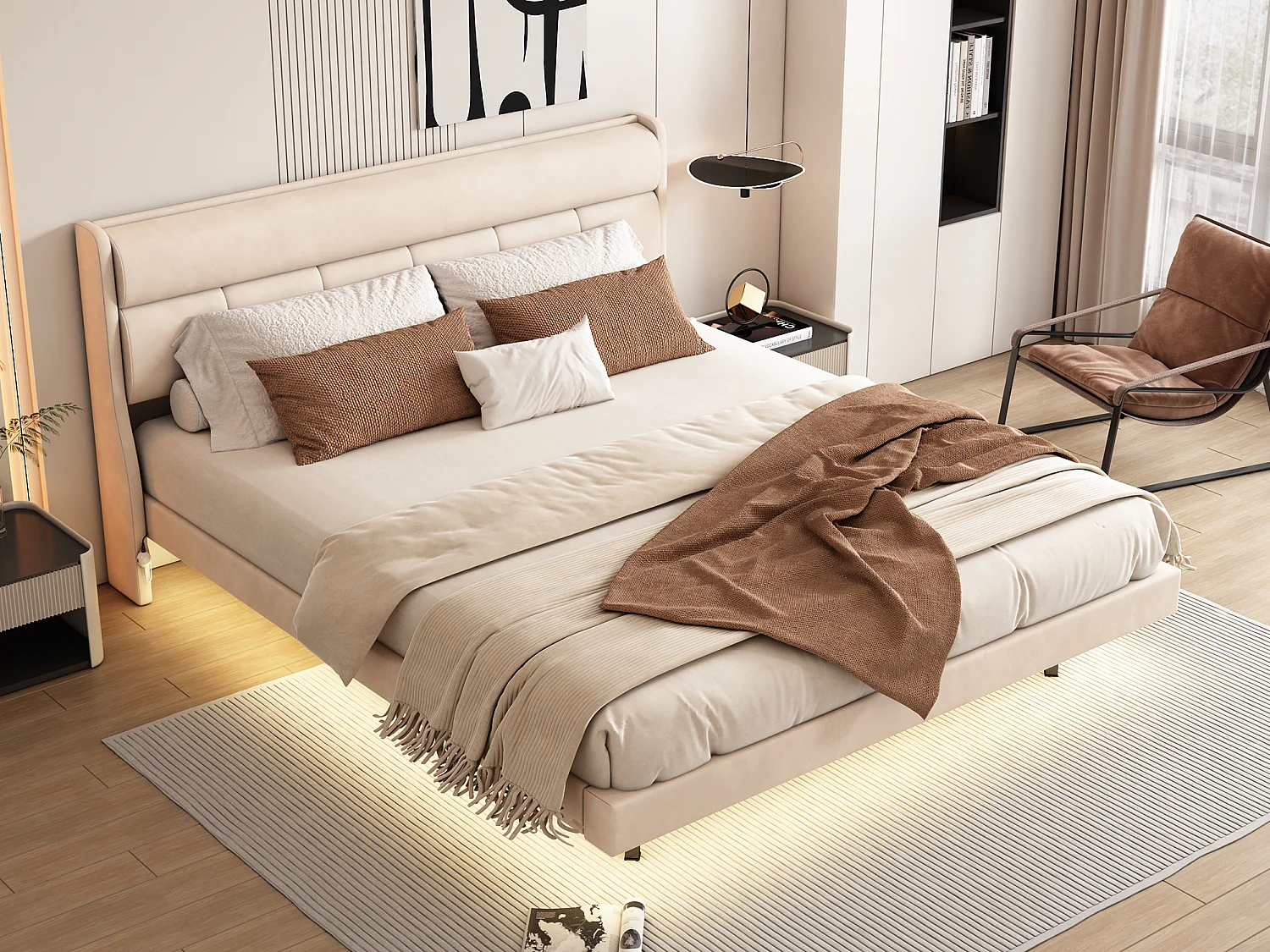 Gestoffeerd bed 180 x 200 cm, Zweefbed, Fluweel en MDF hout, LED's, Lattenbodem, Beige