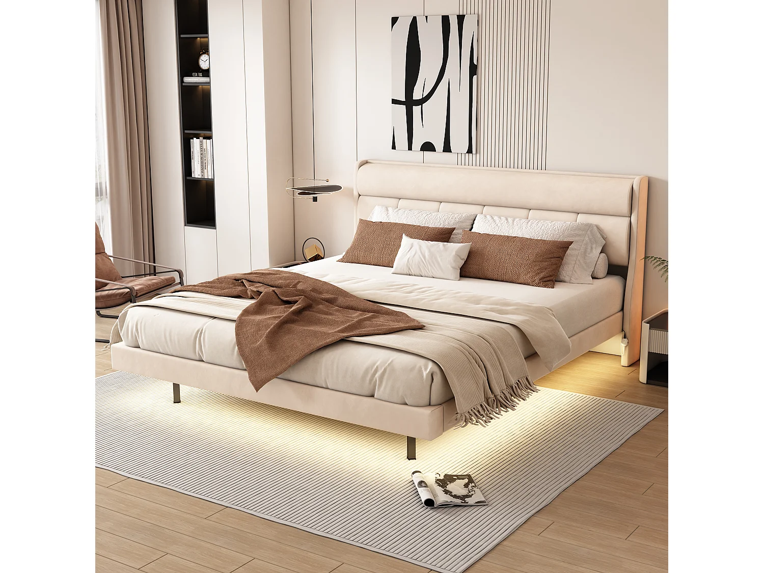 Gestoffeerd bed 180 x 200 cm, Zweefbed, Fluweel en MDF hout, LED's, Lattenbodem, Beige