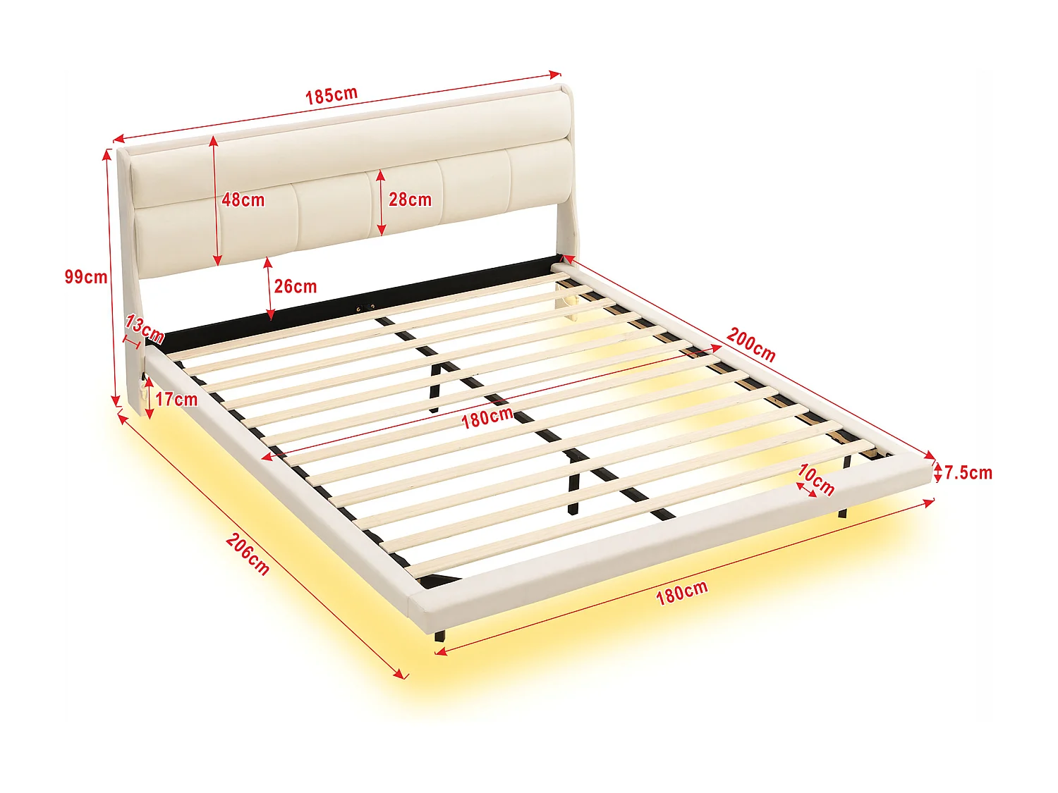 Gestoffeerd bed 180 x 200 cm, Zweefbed, Fluweel en MDF hout, LED's, Lattenbodem, Beige