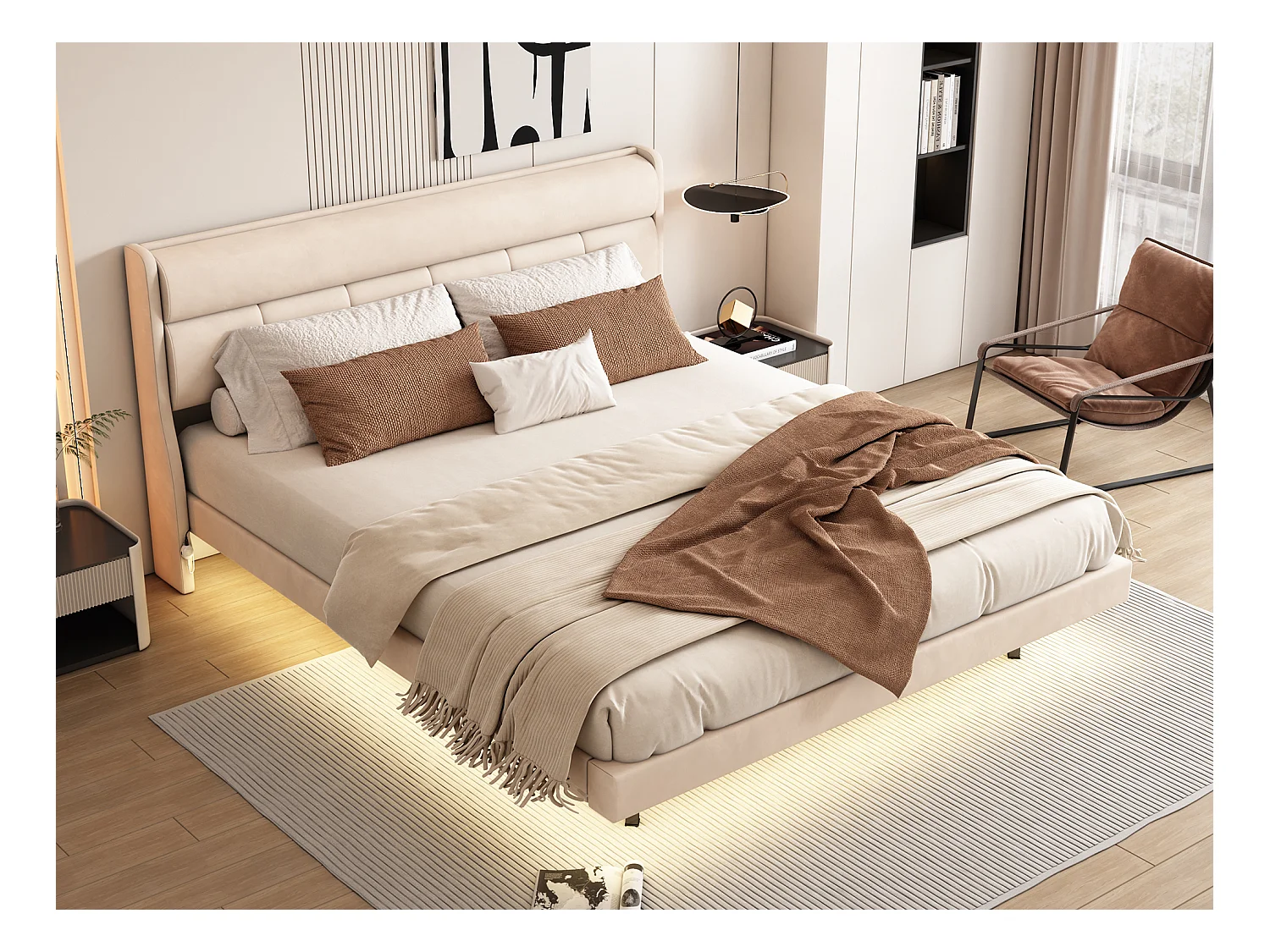 Lit capitonné 180 x 200 cm, Lit flottant, Velours et bois MDF, LEDs, Sommier à lattes, Beige