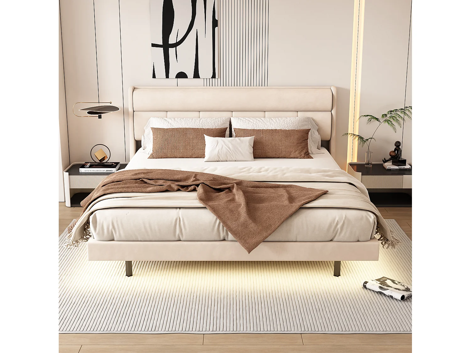 Polsterbett 180 x 200 cm, Schwebebett, Samt und MDF-Holz, LEDs, Lattenrost, Beige