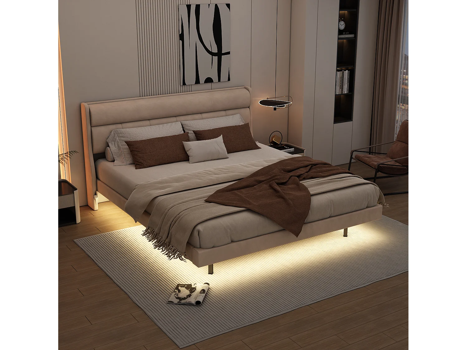 Polsterbett 180 x 200 cm, Schwebebett, Samt und MDF-Holz, LEDs, Lattenrost, Beige