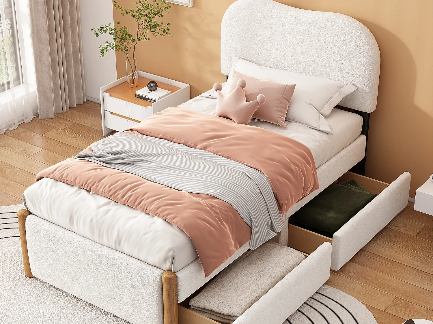 Cama estofada 90 x 200 cm com 2 gavetas - estilo moderno - tecido pelúcia - base de ripas - branco