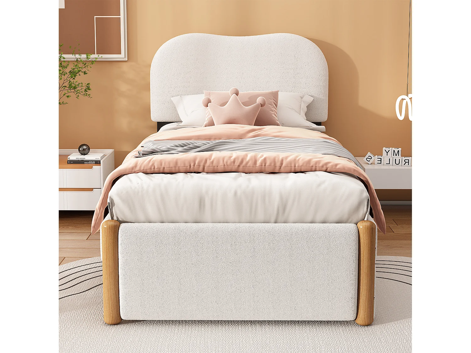 Cama estofada 90 x 200 cm com 2 gavetas - estilo moderno - tecido pelúcia - base de ripas - branco