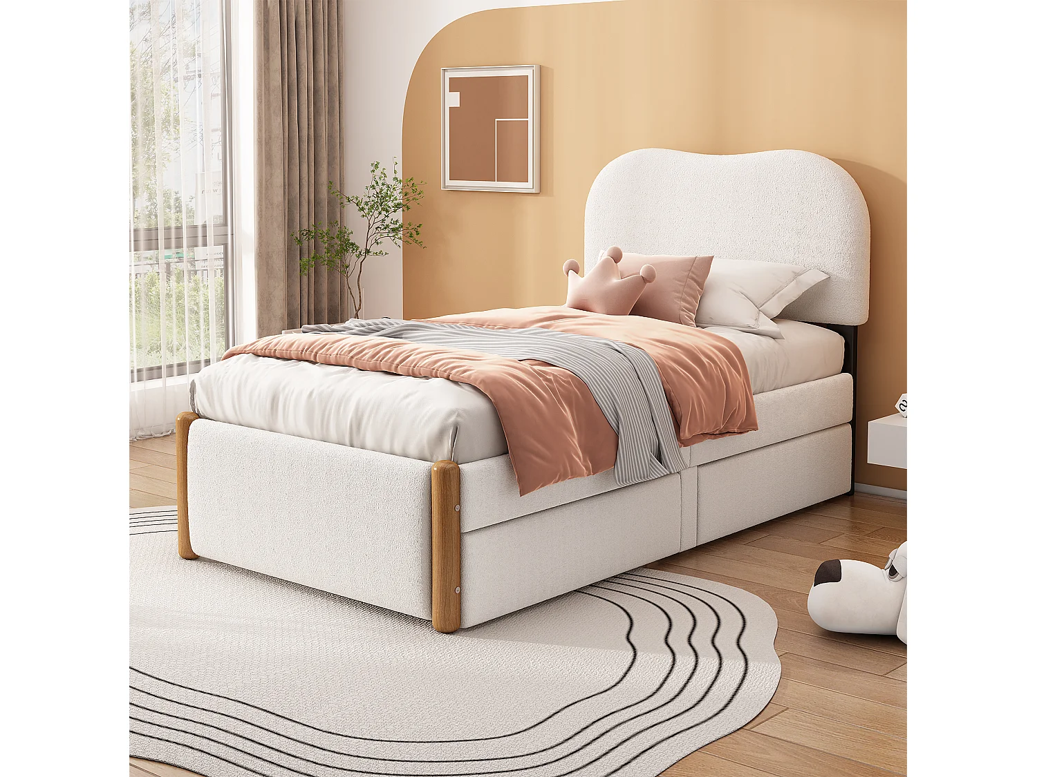 Cama estofada 90 x 200 cm com 2 gavetas - estilo moderno - tecido pelúcia - base de ripas - branco