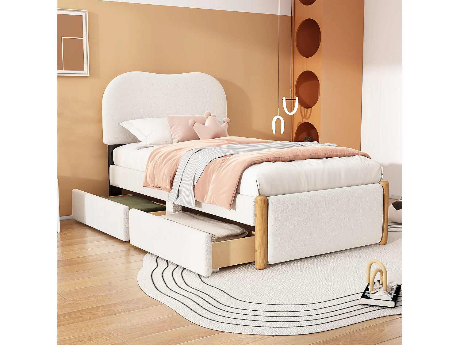 Cama estofada 90 x 200 cm com 2 gavetas - estilo moderno - tecido pelúcia - base de ripas - branco