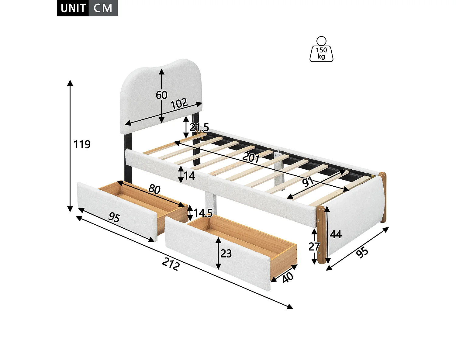 Cama estofada 90 x 200 cm com 2 gavetas - estilo moderno - tecido pelúcia - base de ripas - branco