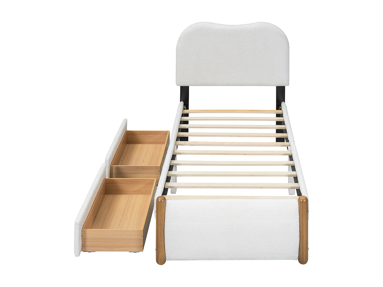 Cama estofada 90 x 200 cm com 2 gavetas - estilo moderno - tecido pelúcia - base de ripas - branco