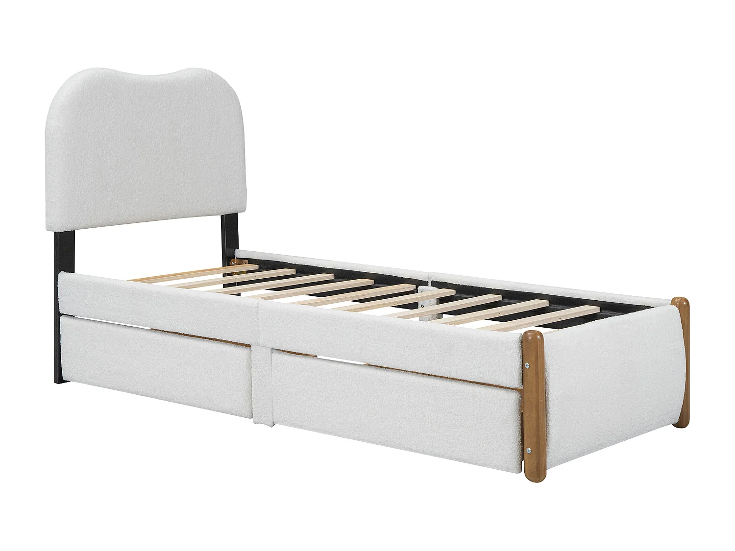 Cama estofada 90 x 200 cm com 2 gavetas - estilo moderno - tecido pelúcia - base de ripas - branco