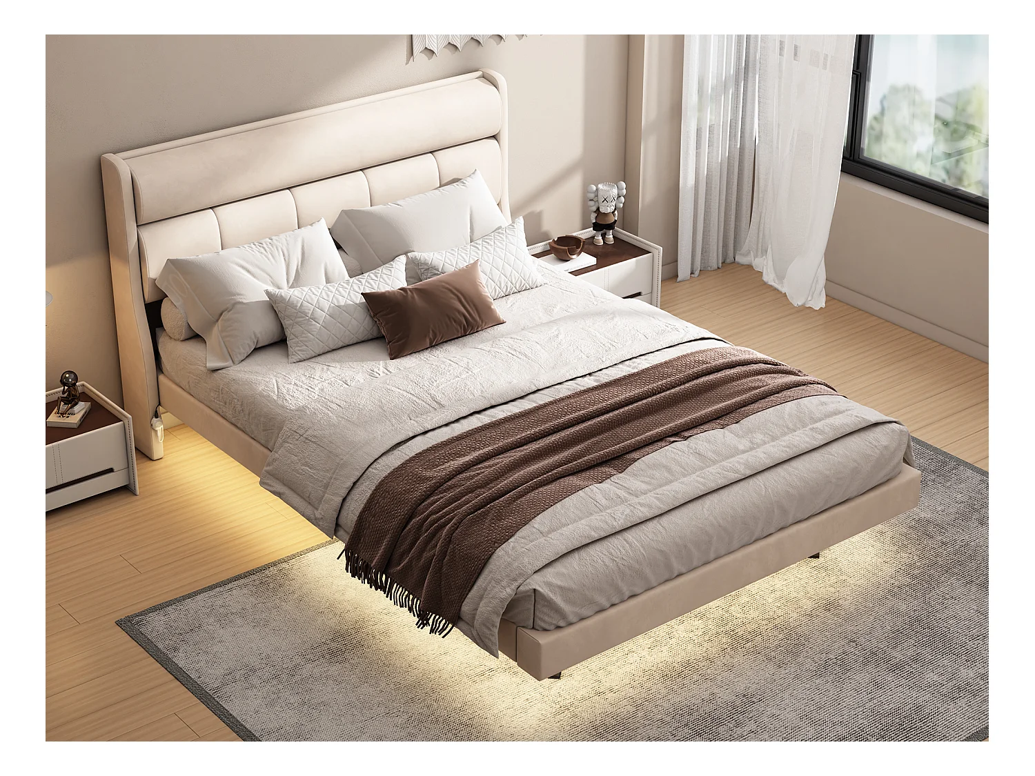 Lit capitonné 140 x 200 cm, Lit flottant, Velours et bois MDF, LEDs, Sommier à lattes, Beige