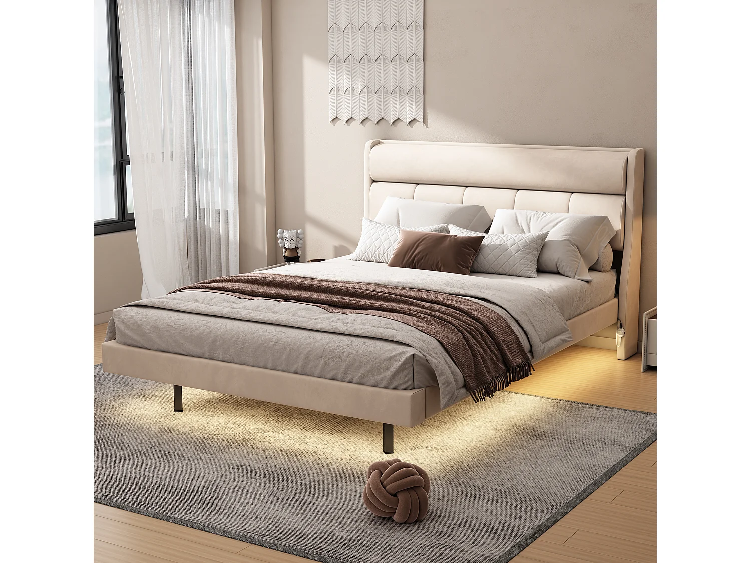 Lit capitonné 140 x 200 cm, Lit flottant, Velours et bois MDF, LEDs, Sommier à lattes, Beige