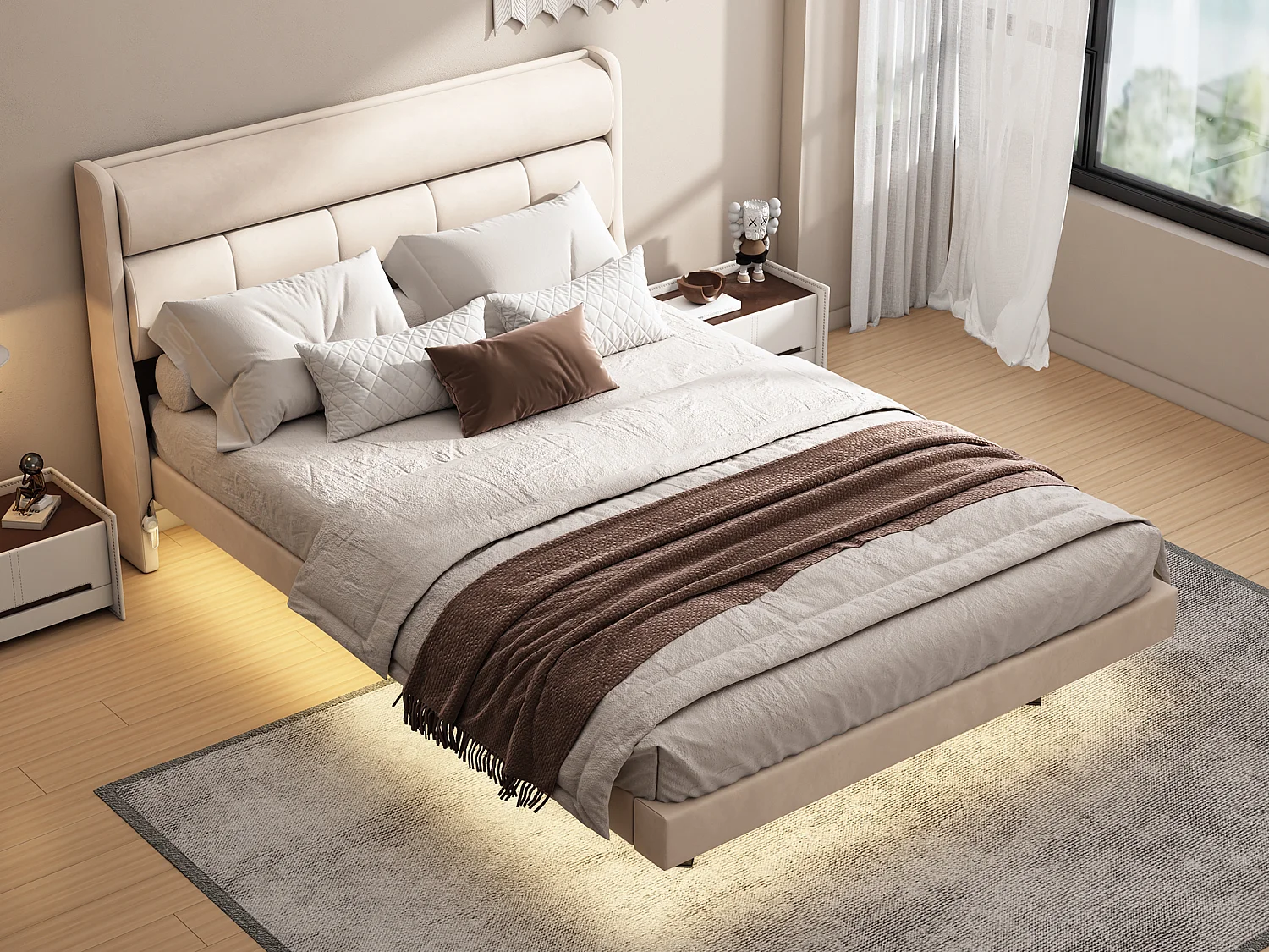 Gestoffeerd bed 140 x 200 cm, Zweefbed, Fluweel en MDF hout, LED's, Lattenbodem, Beige