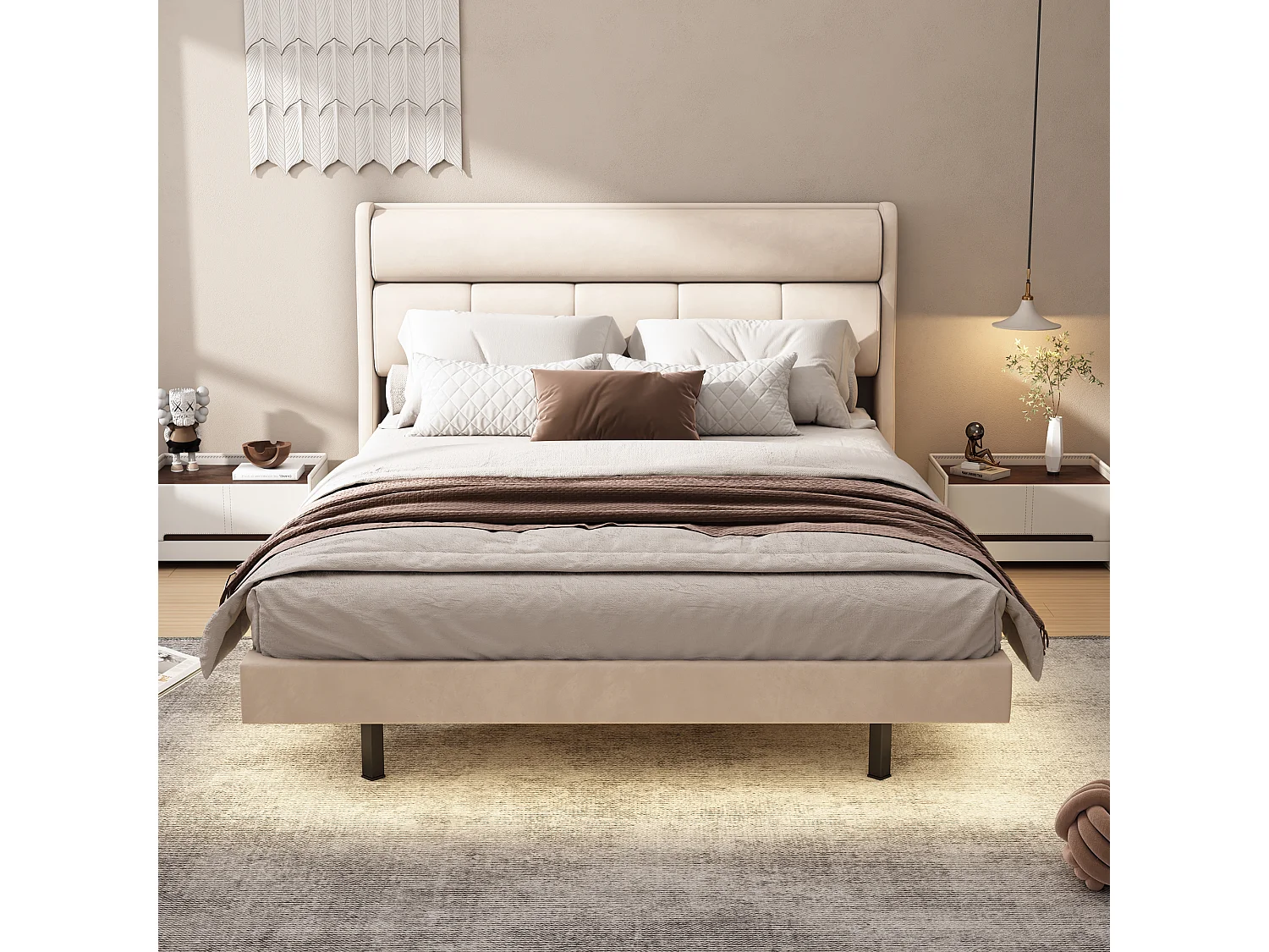 Gestoffeerd bed 140 x 200 cm, Zweefbed, Fluweel en MDF hout, LED's, Lattenbodem, Beige