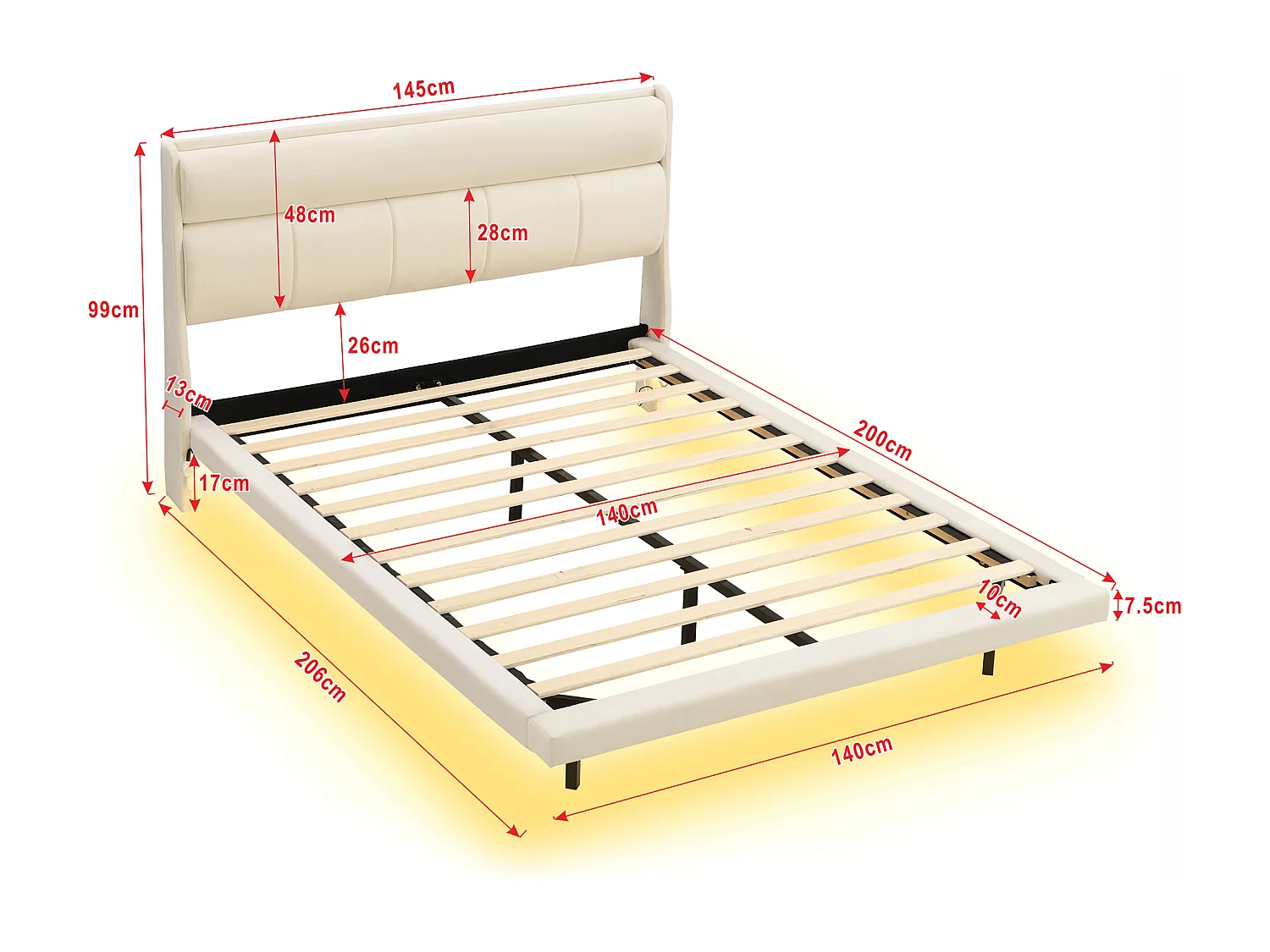 Gestoffeerd bed 140 x 200 cm, Zweefbed, Fluweel en MDF hout, LED's, Lattenbodem, Beige