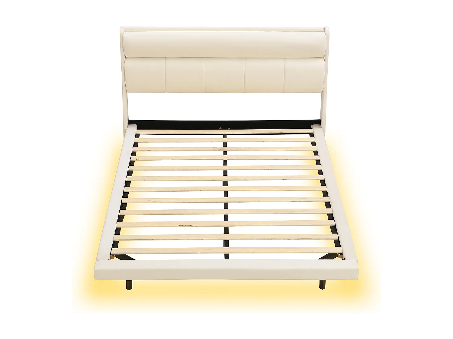 Gestoffeerd bed 140 x 200 cm, Zweefbed, Fluweel en MDF hout, LED's, Lattenbodem, Beige
