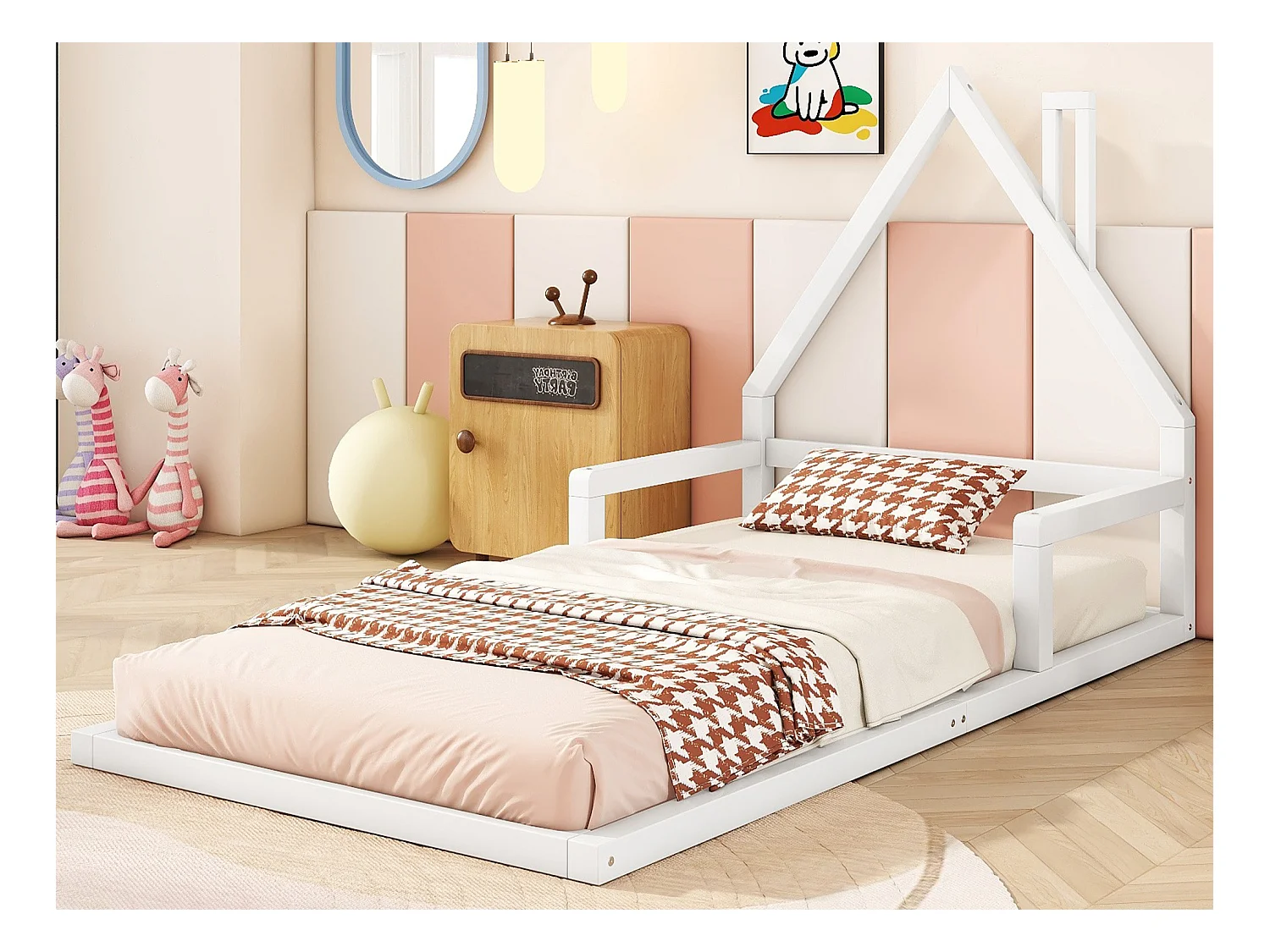 Kinderbett 90 x 200 cm, Babybett, Hausform, Kiefer massiv, schlichter Stil, weiß