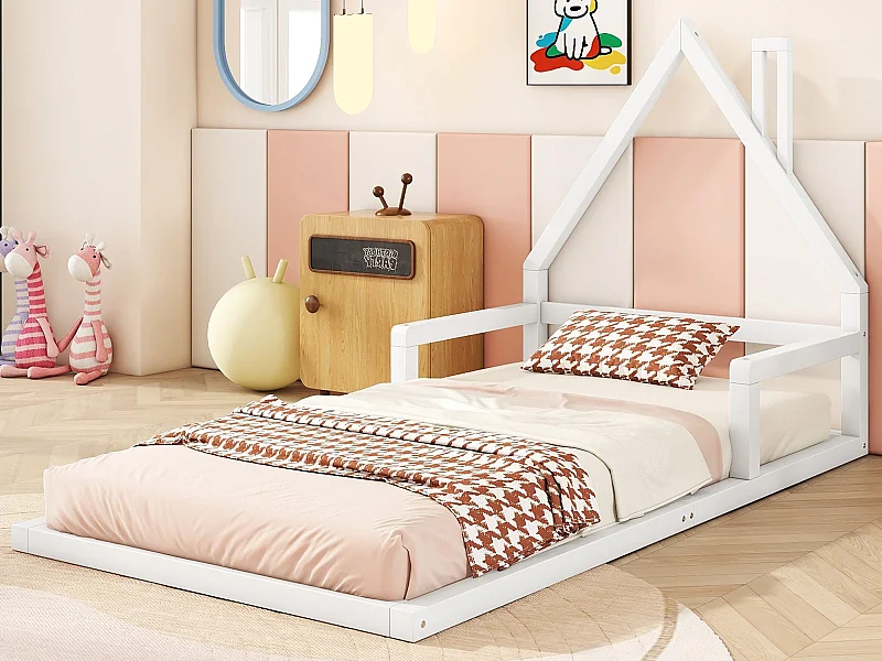 Lit enfant 90 x 200 cm, lit bébé, forme maison, pin massif, style simple, blanc