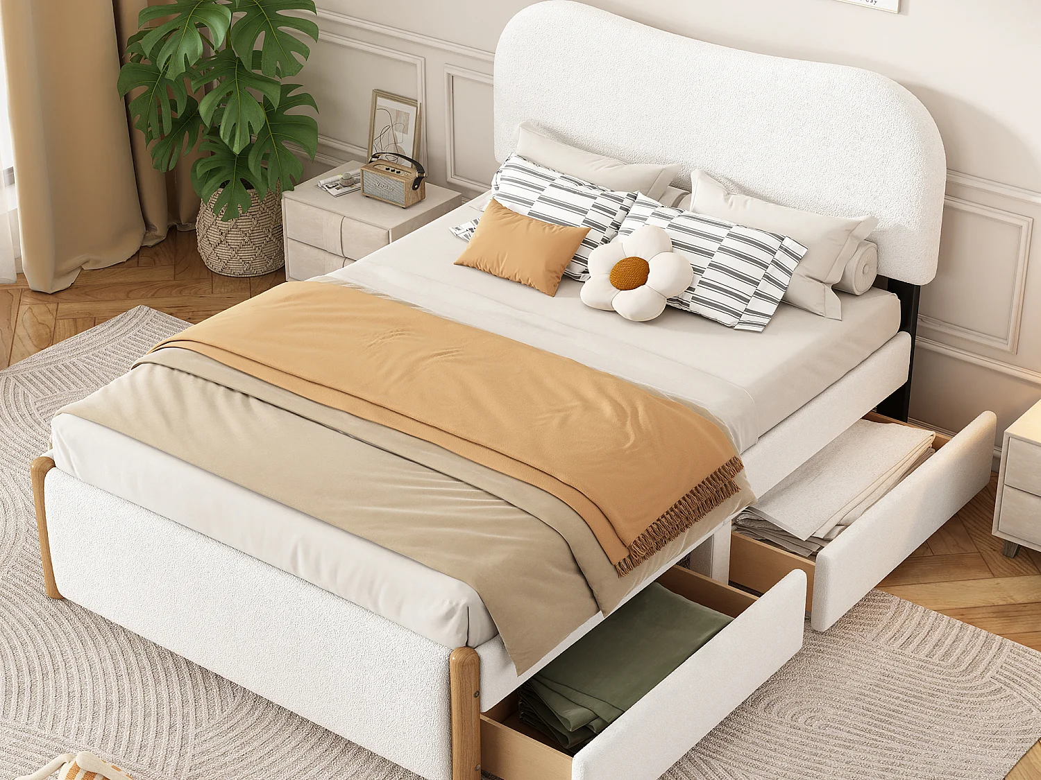 Lit capitonné 140 x 200 cm avec 2 tiroirs - style moderne - tissu en peluche - sommier à lattes - blanc