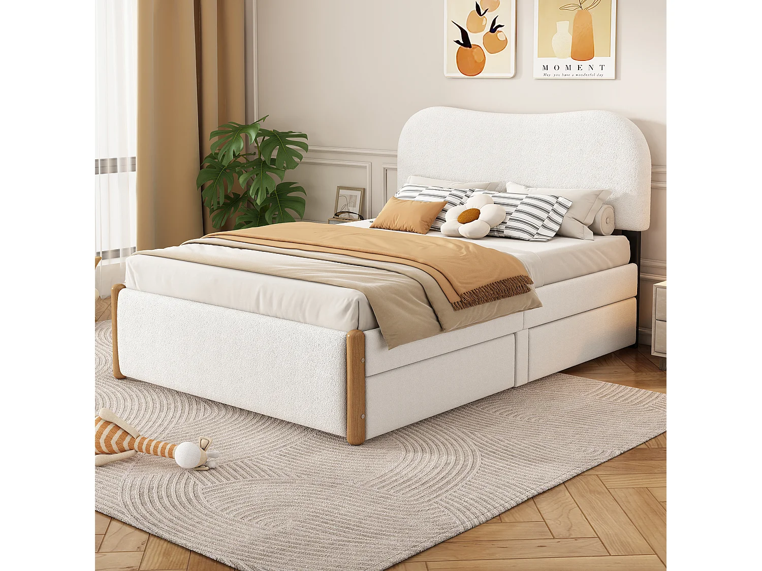 Lit capitonné 140 x 200 cm avec 2 tiroirs - style moderne - tissu en peluche - sommier à lattes - blanc