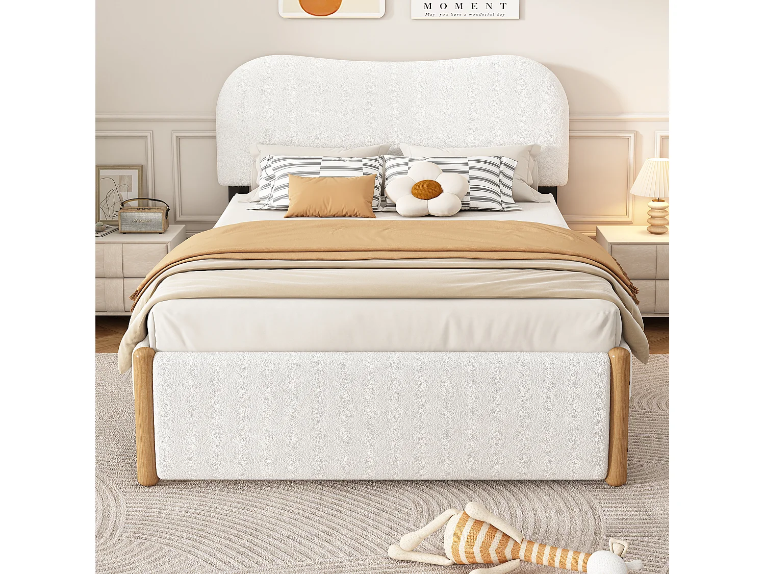 Lit capitonné 140 x 200 cm avec 2 tiroirs - style moderne - tissu en peluche - sommier à lattes - blanc