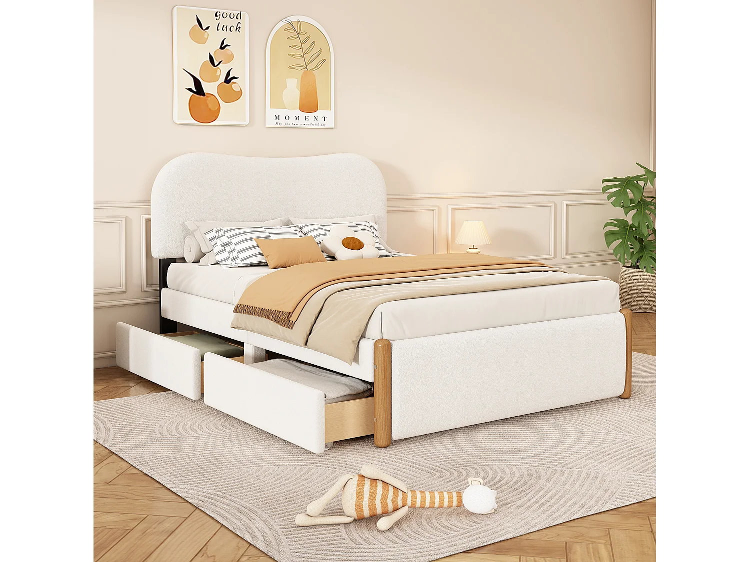 Lit capitonné 140 x 200 cm avec 2 tiroirs - style moderne - tissu en peluche - sommier à lattes - blanc