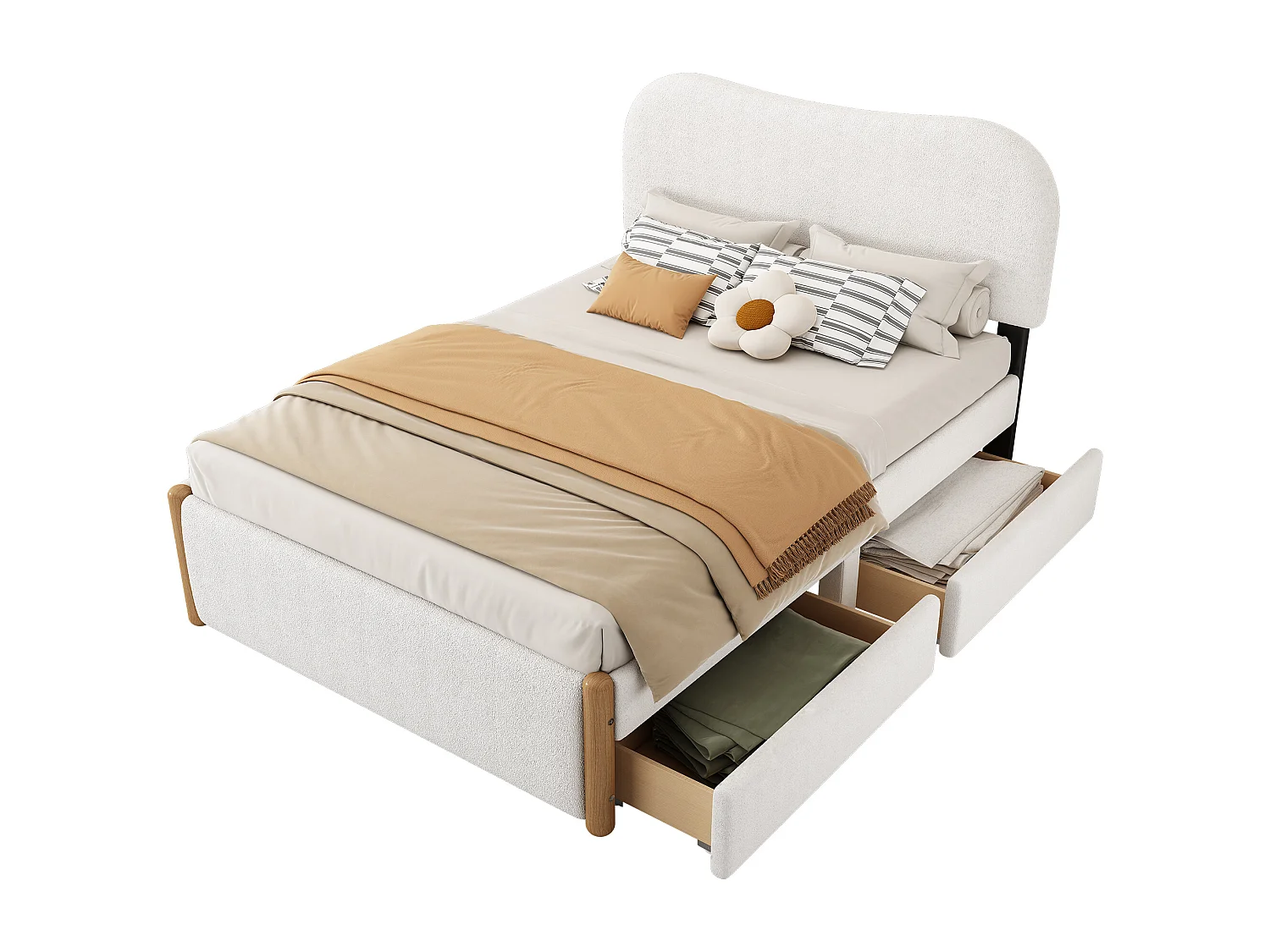 Lit capitonné 140 x 200 cm avec 2 tiroirs - style moderne - tissu en peluche - sommier à lattes - blanc
