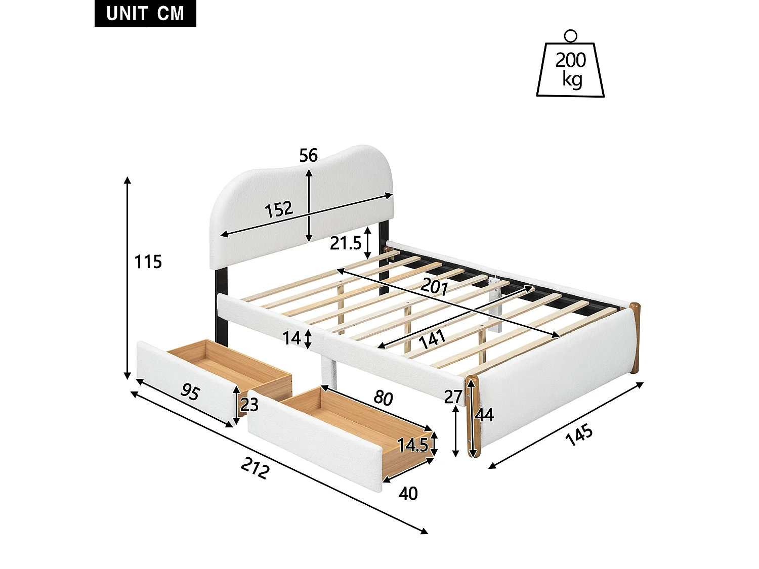 Lit capitonné 140 x 200 cm avec 2 tiroirs - style moderne - tissu en peluche - sommier à lattes - blanc