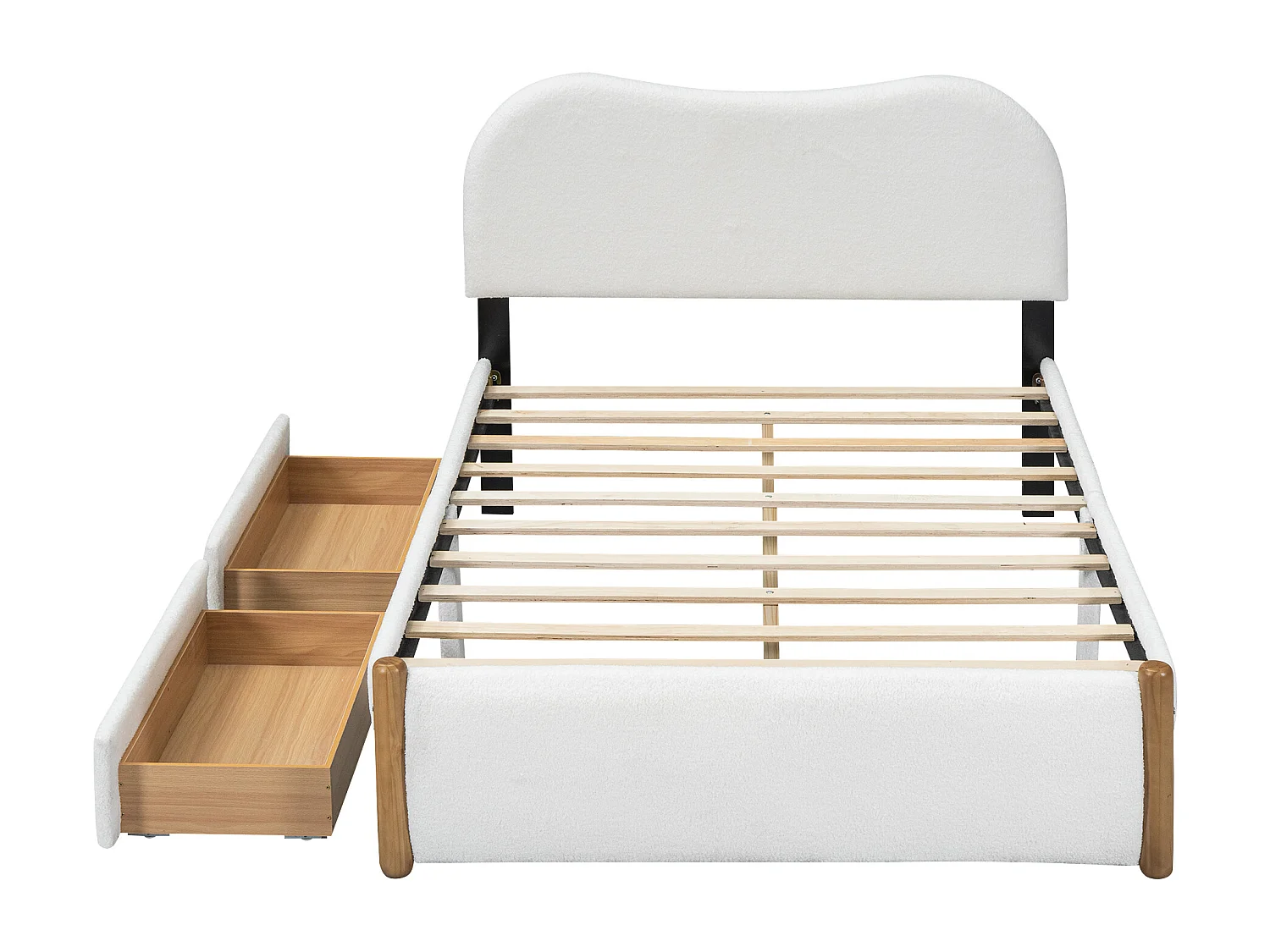 Lit capitonné 140 x 200 cm avec 2 tiroirs - style moderne - tissu en peluche - sommier à lattes - blanc