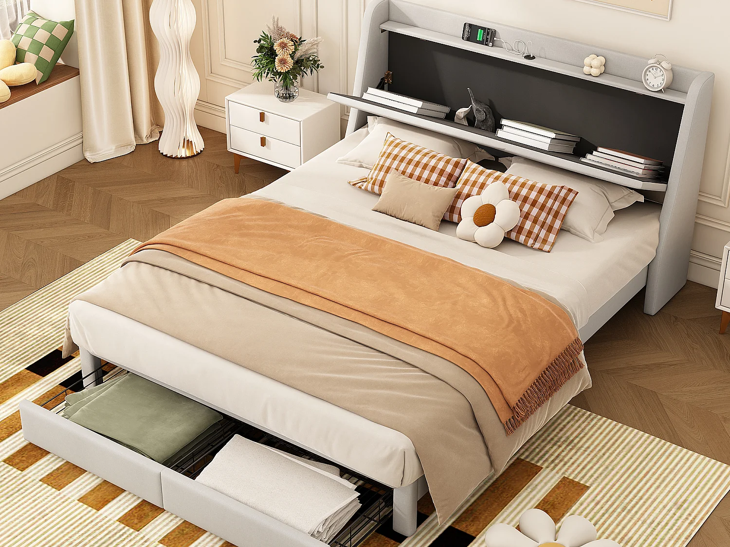 Gestoffeerd bed 140 x 200 cm met opberghoofdeinde en 2 lades - USB-aansluiting - Lattenbodem - Beige