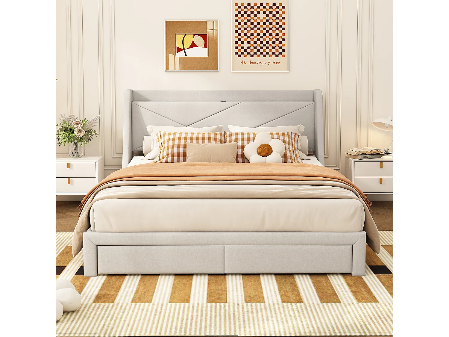 Gestoffeerd bed 140 x 200 cm met opberghoofdeinde en 2 lades - USB-aansluiting - Lattenbodem - Beige