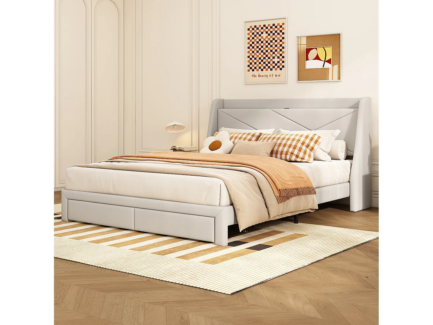 Gestoffeerd bed 140 x 200 cm met opberghoofdeinde en 2 lades - USB-aansluiting - Lattenbodem - Beige