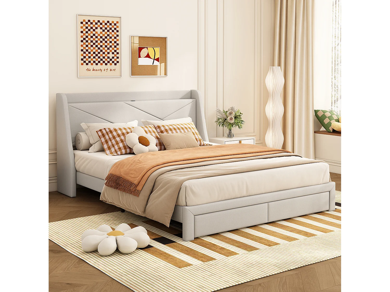 Gestoffeerd bed 140 x 200 cm met opberghoofdeinde en 2 lades - USB-aansluiting - Lattenbodem - Beige