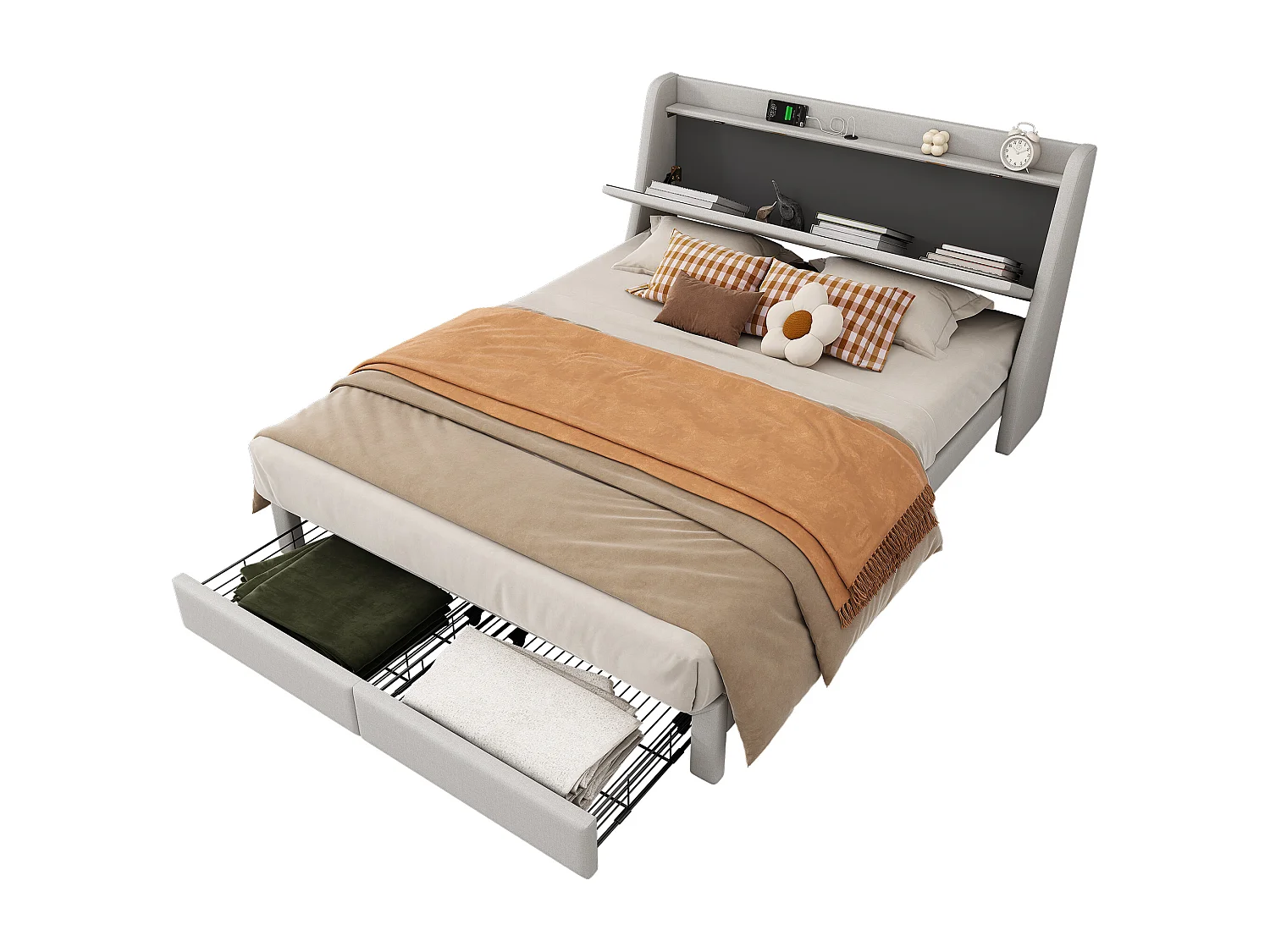 Gestoffeerd bed 140 x 200 cm met opberghoofdeinde en 2 lades - USB-aansluiting - Lattenbodem - Beige