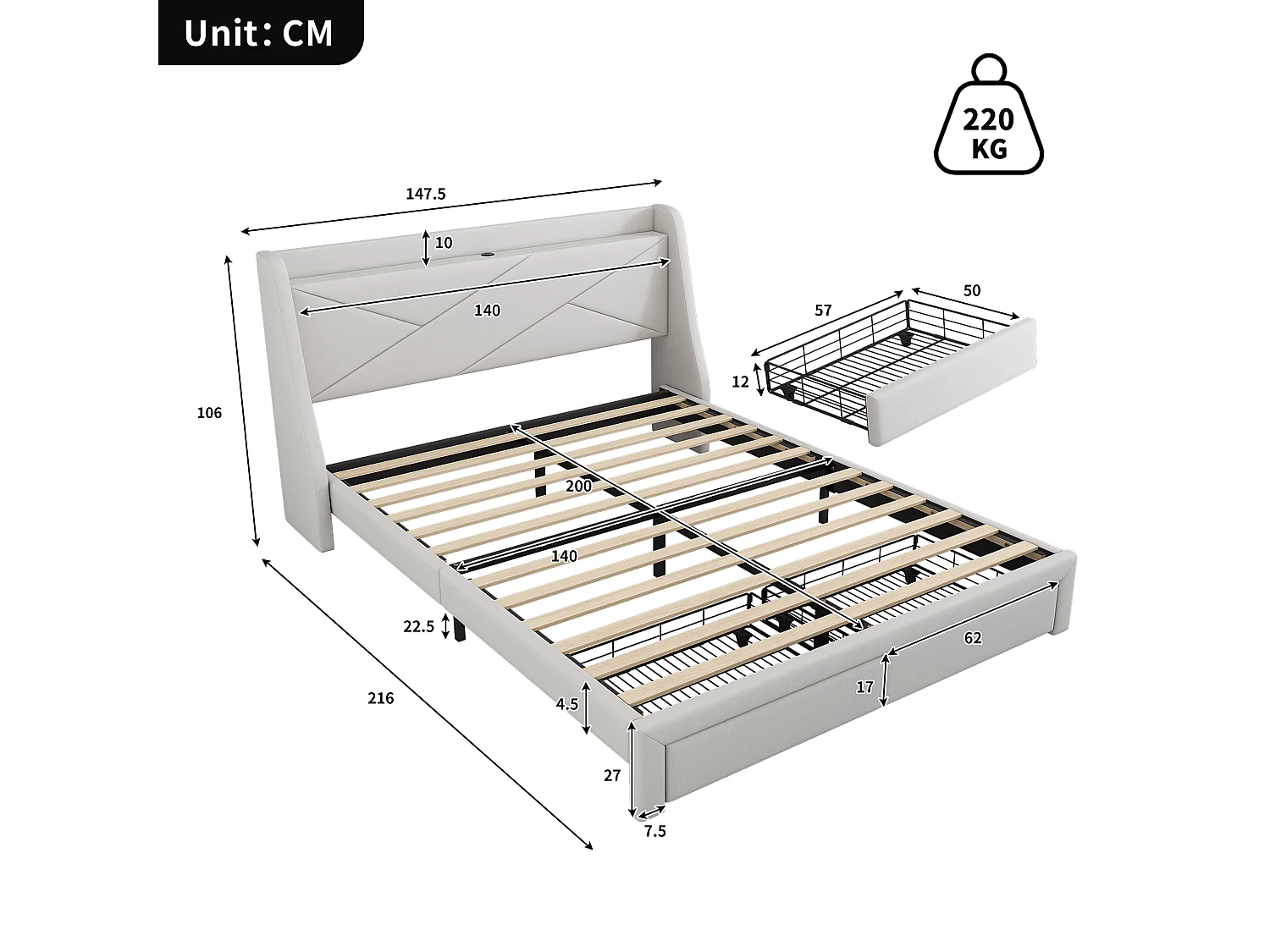 Gestoffeerd bed 140 x 200 cm met opberghoofdeinde en 2 lades - USB-aansluiting - Lattenbodem - Beige