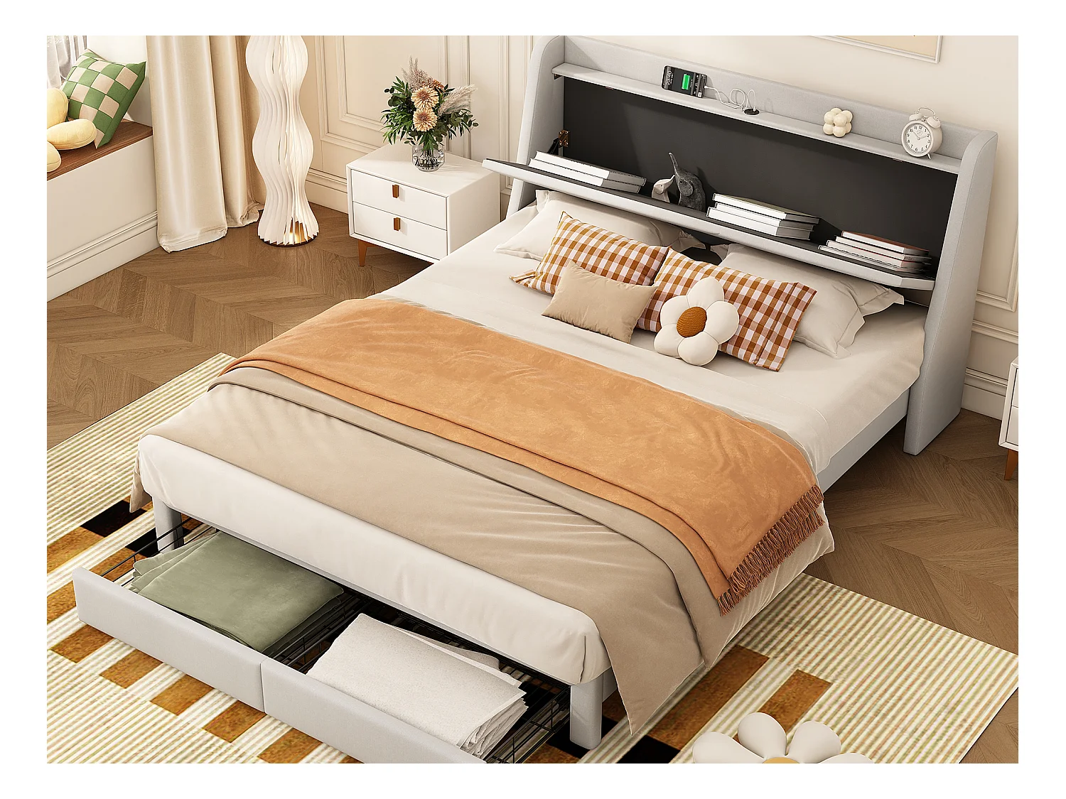 Lit capitonné 140 x 200 cm avec tête de lit de rangement et 2 tiroirs - Prise USB - Sommier à lattes - Beige