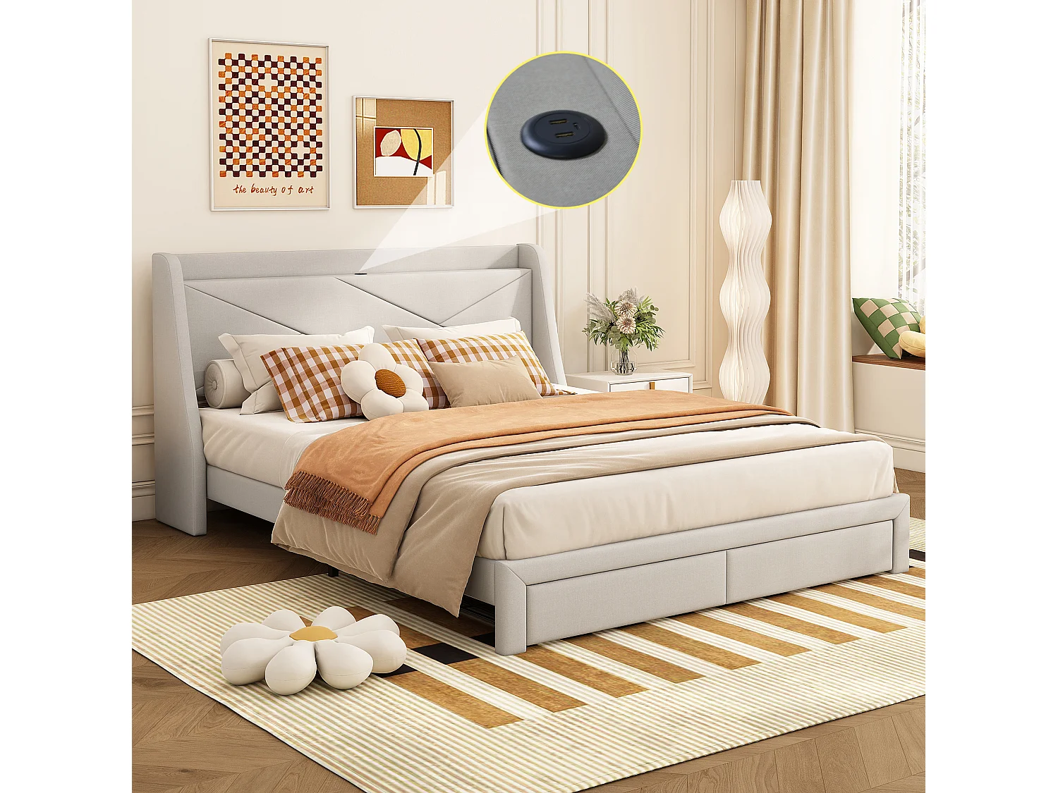 Lit capitonné 140 x 200 cm avec tête de lit de rangement et 2 tiroirs - Prise USB - Sommier à lattes - Beige