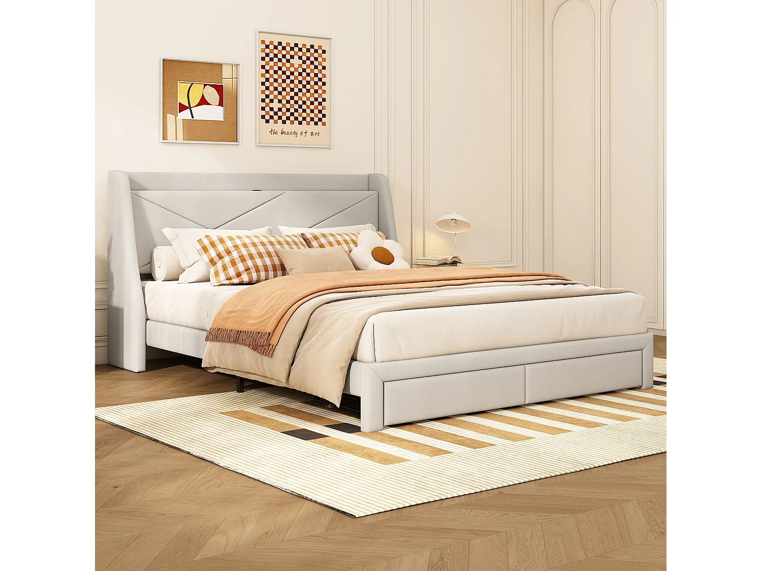 Lit capitonné 140 x 200 cm avec tête de lit de rangement et 2 tiroirs - Prise USB - Sommier à lattes - Beige