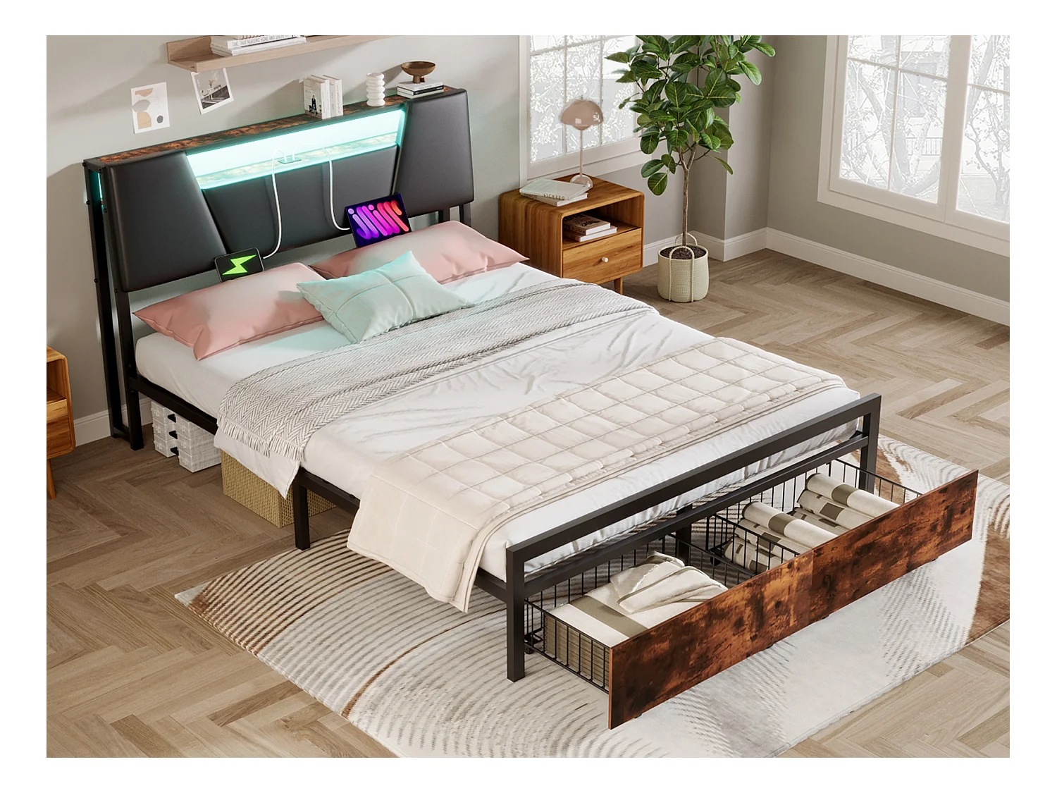 Lit 140 x 200 cm avec étagère de rangement - prise USB + LEDs - Métal et MDF - Marron