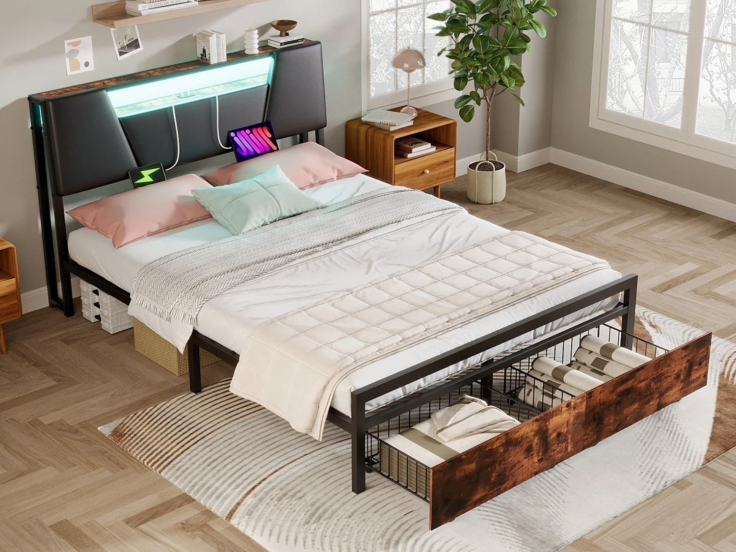 Lit 140 x 200 cm avec étagère de rangement - prise USB + LEDs - Métal et MDF - Marron