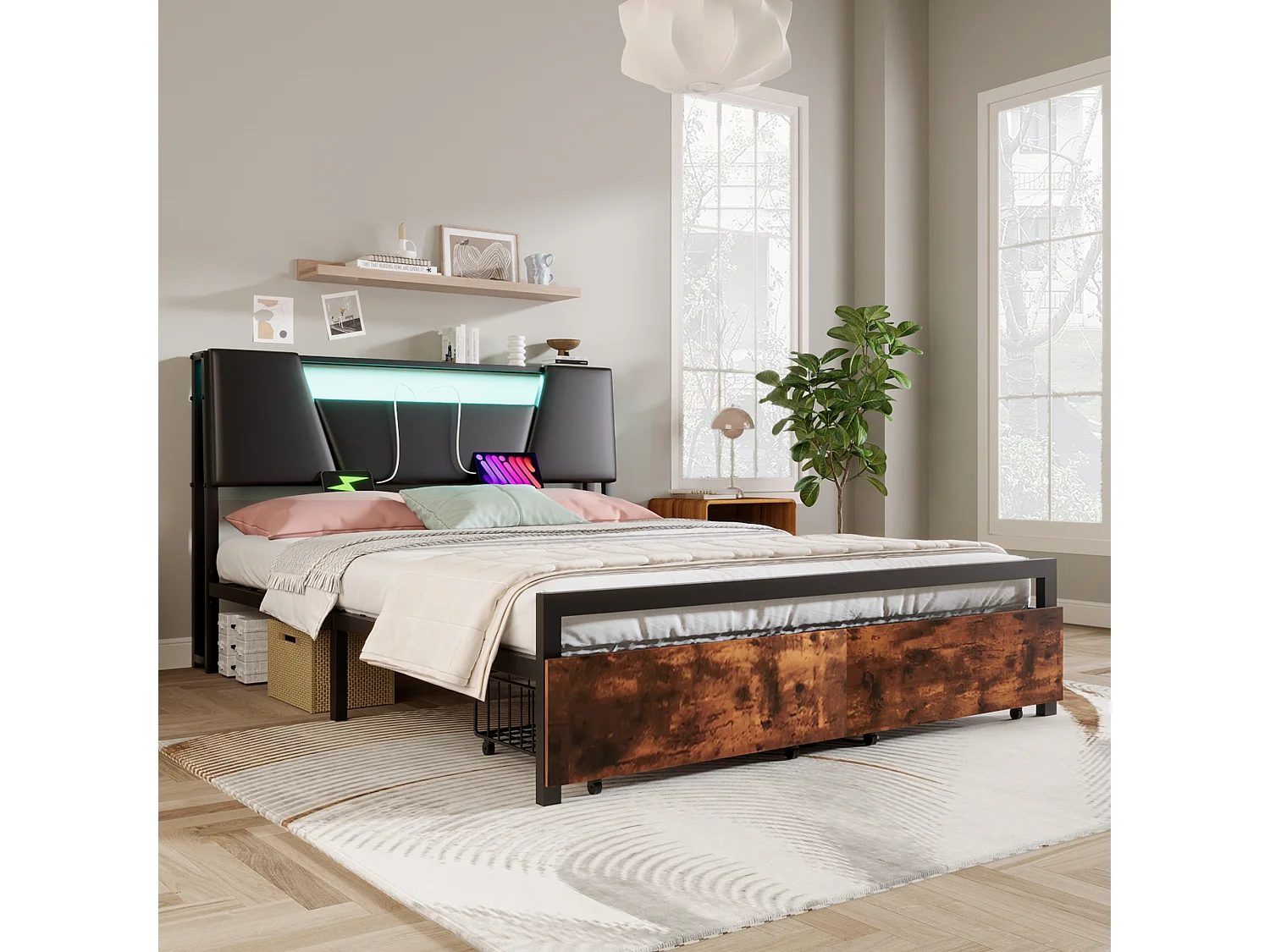 Lit 140 x 200 cm avec étagère de rangement - prise USB + LEDs - Métal et MDF - Marron