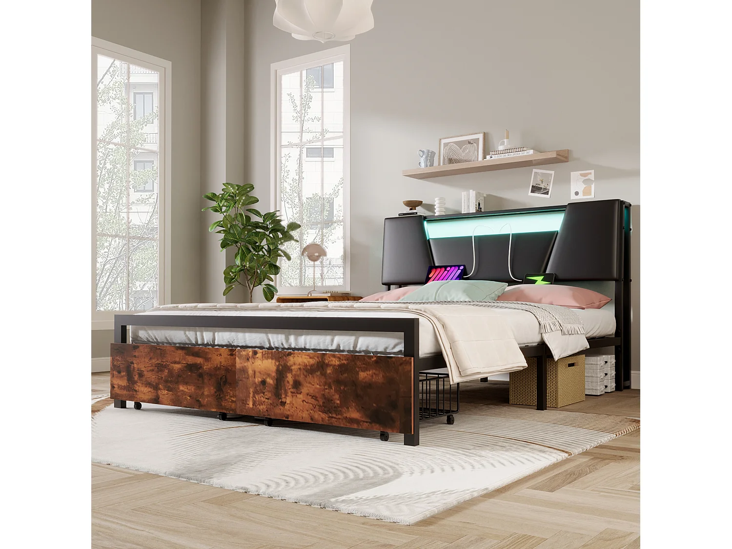 Lit 140 x 200 cm avec étagère de rangement - prise USB + LEDs - Métal et MDF - Marron