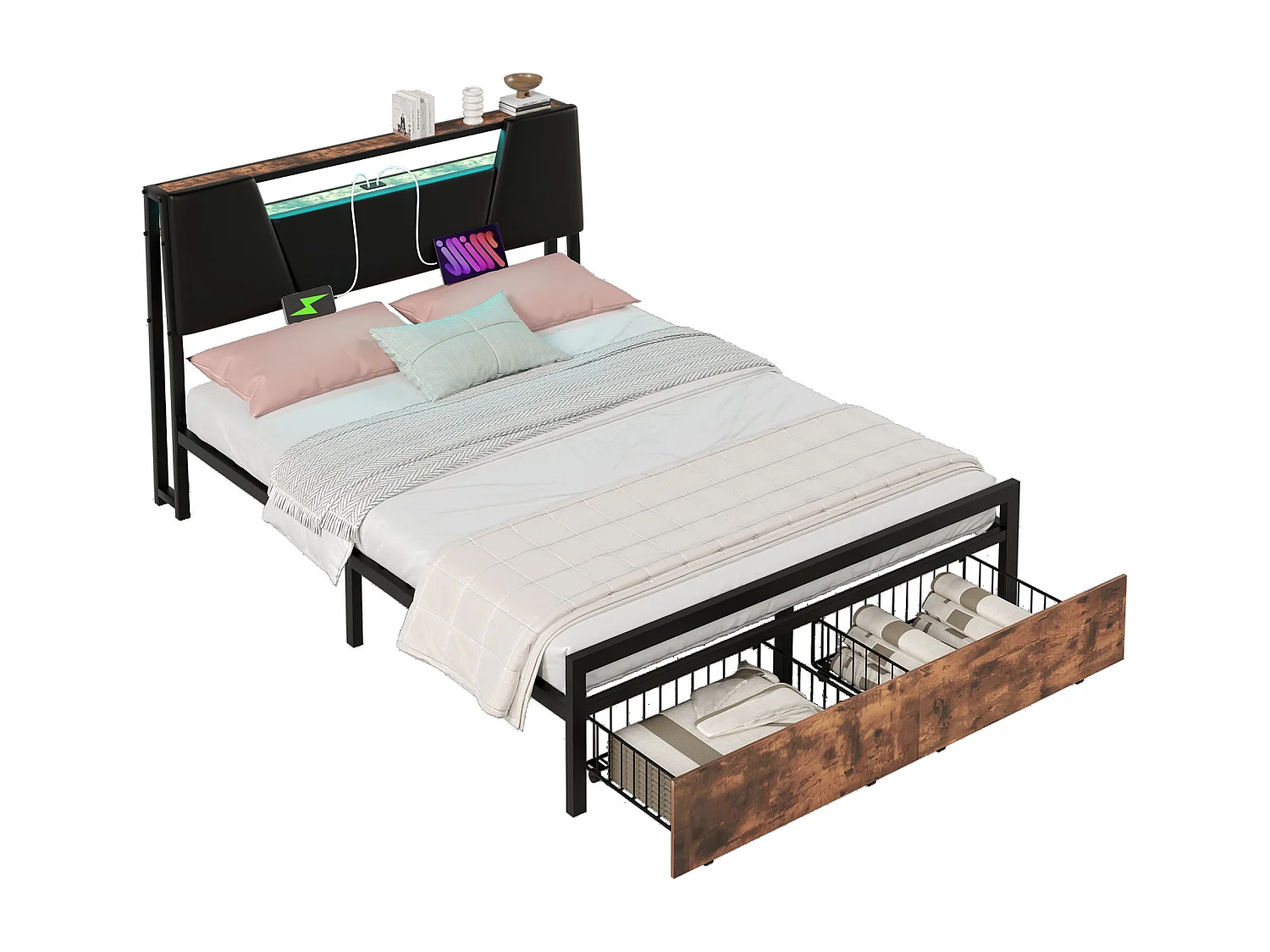 Lit 140 x 200 cm avec étagère de rangement - prise USB + LEDs - Métal et MDF - Marron