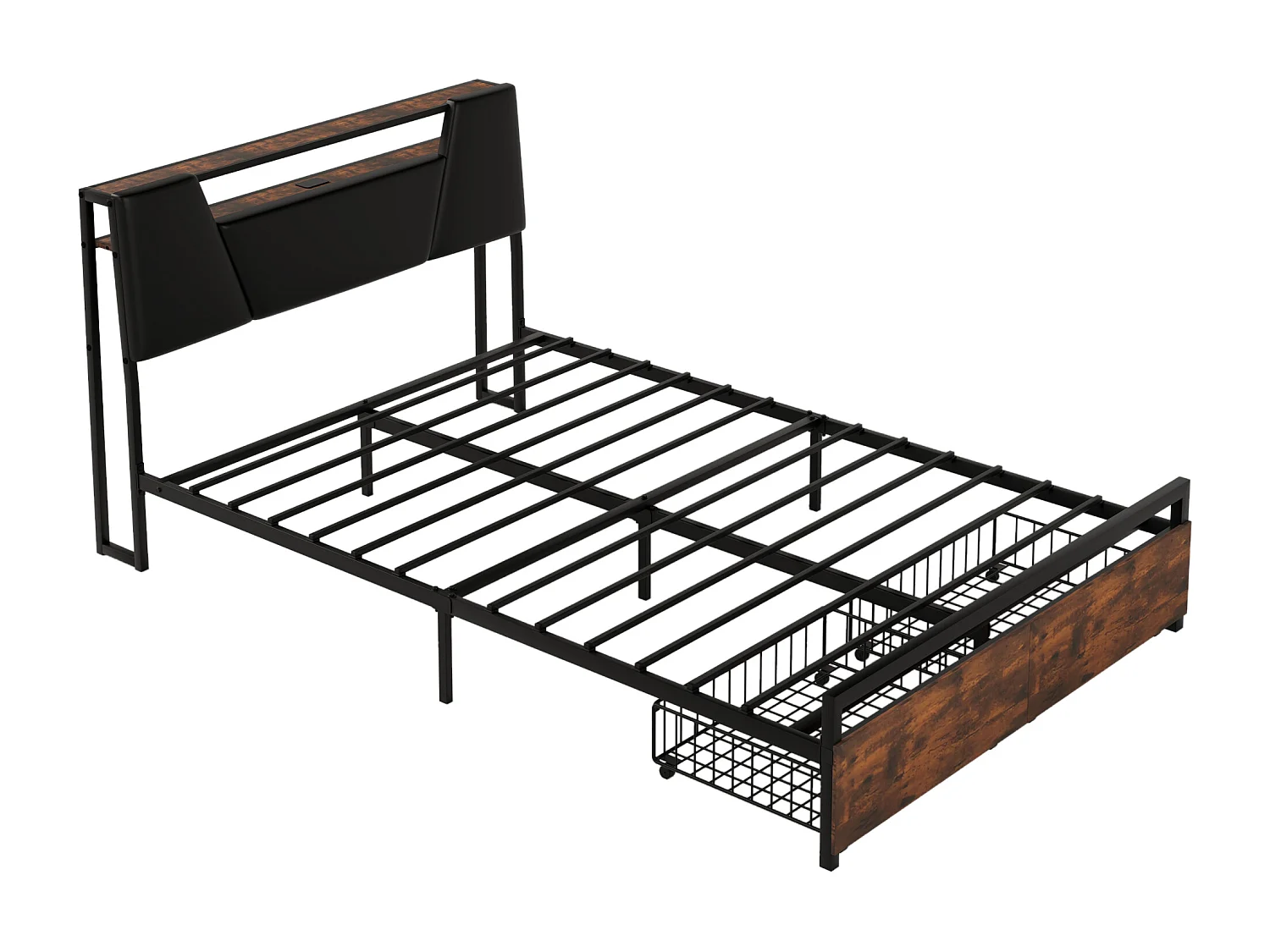 Lit 140 x 200 cm avec étagère de rangement - prise USB + LEDs - Métal et MDF - Marron