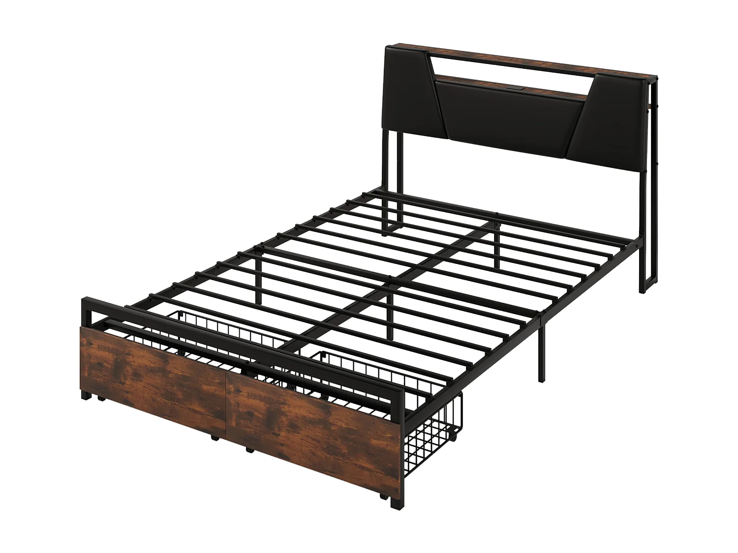 Lit 140 x 200 cm avec étagère de rangement - prise USB + LEDs - Métal et MDF - Marron