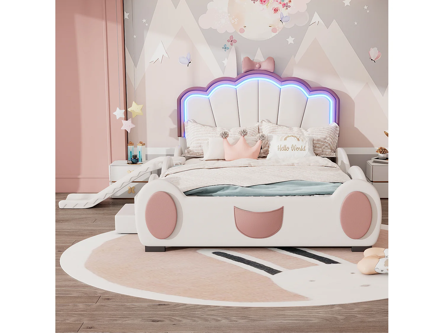 Kinderbett 140 x 200 cm mit Rutsche und Treppe, gepolstert mit Kunstleder, LEDs, Lattenrost, rosa und weiß