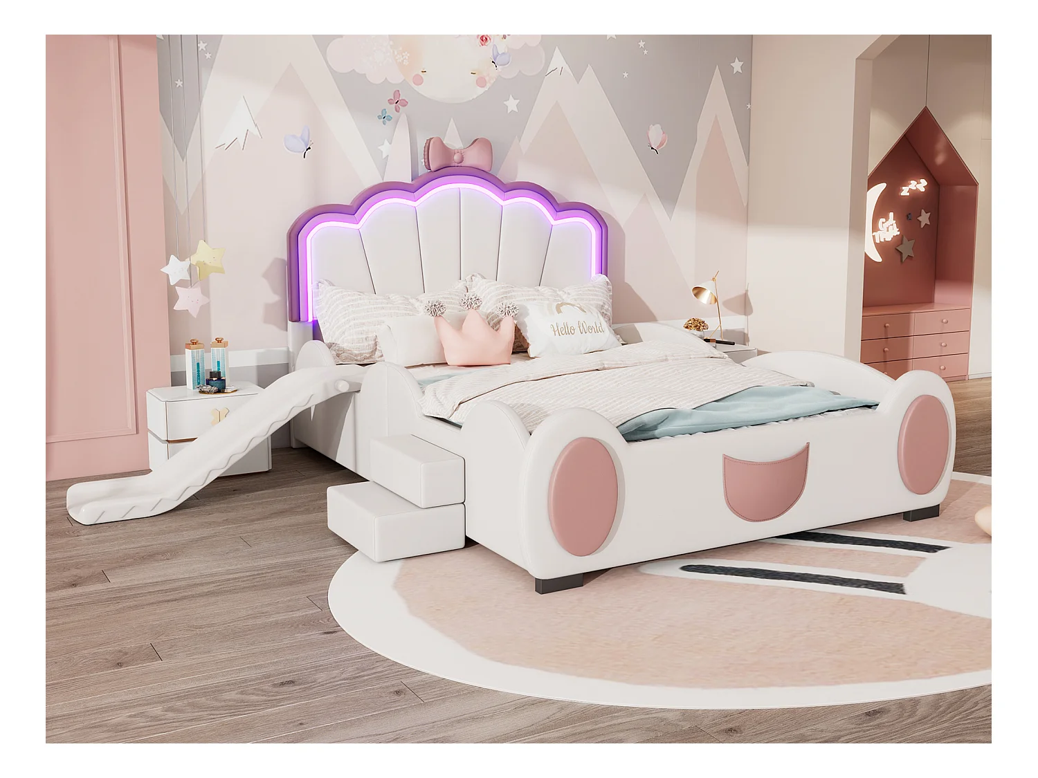 Lit enfant 140 x 200 cm avec toboggan et escalier, rembourré en cuir pu, LEDs, sommier à lattes, rose et blanc