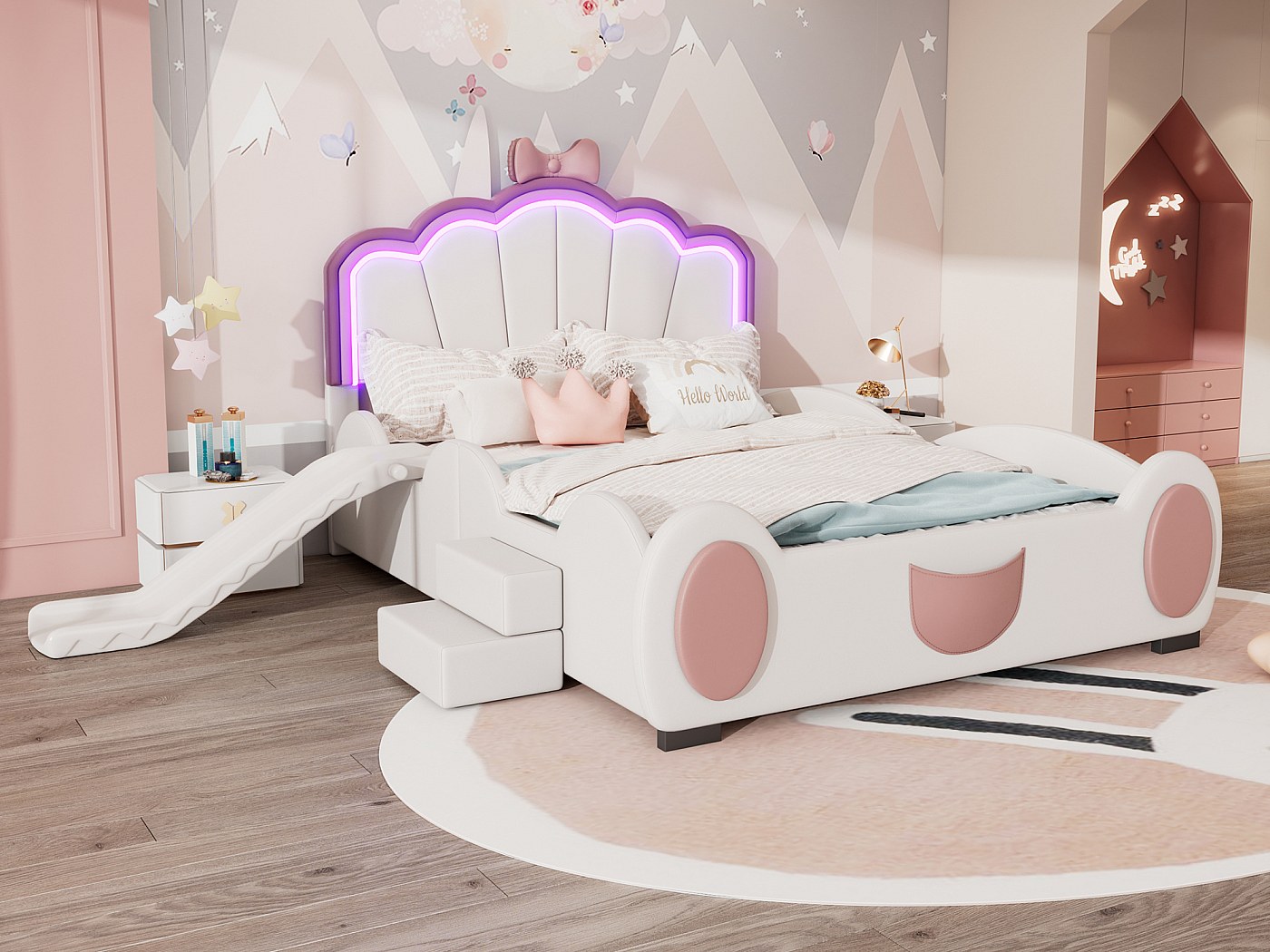Lit Capitonné 140 X 200 Cm, Lit Flottant Avec Tête De Lit - Cuir PU Leds Sommier A Lattes Rose