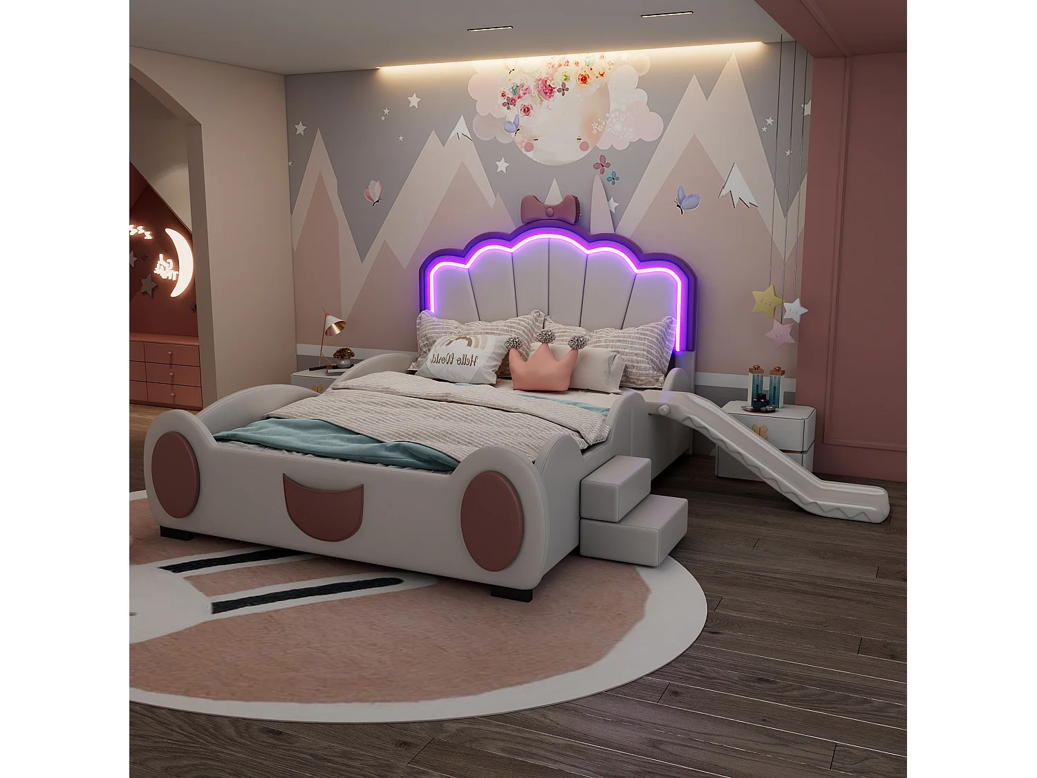 Lit enfant 140 x 200 cm avec toboggan et escalier, rembourré en cuir pu, LEDs, sommier à lattes, rose et blanc