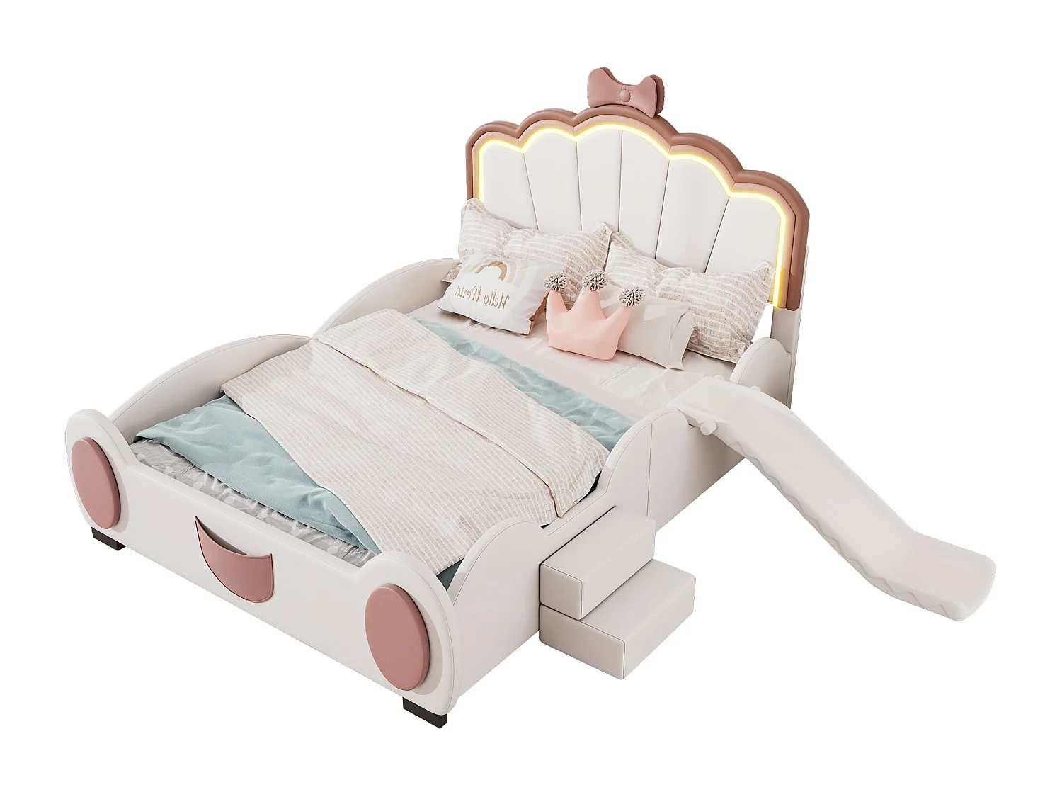 Lit enfant 140 x 200 cm avec toboggan et escalier, rembourré en cuir pu, LEDs, sommier à lattes, rose et blanc