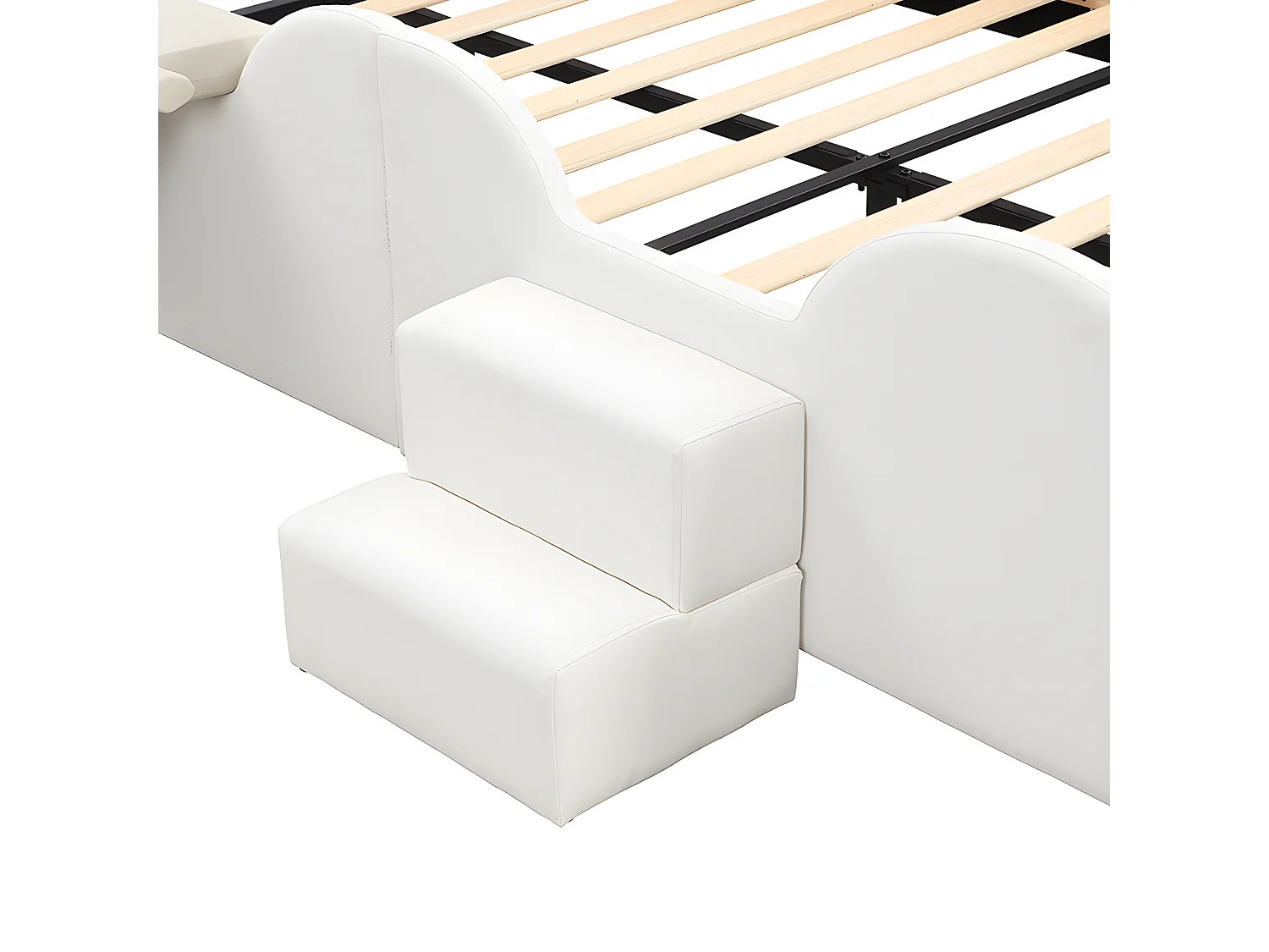 Lit enfant 140 x 200 cm avec toboggan et escalier, rembourré en cuir pu, LEDs, sommier à lattes, rose et blanc